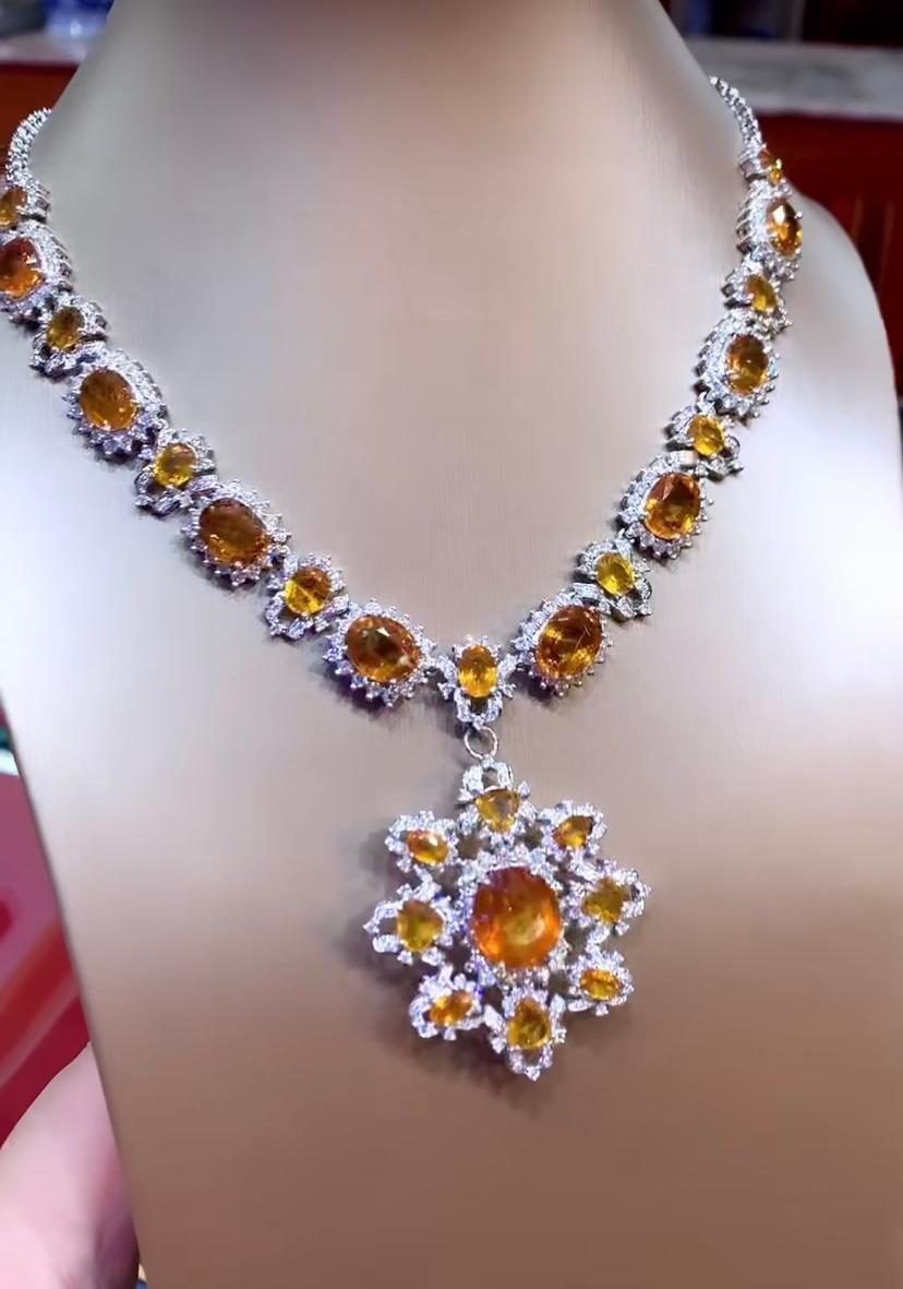 Oval Cut AIG Certified 60.72  Carats Sapphires Diamonds 9.27 Carats 18k Gold Necklace For Sale