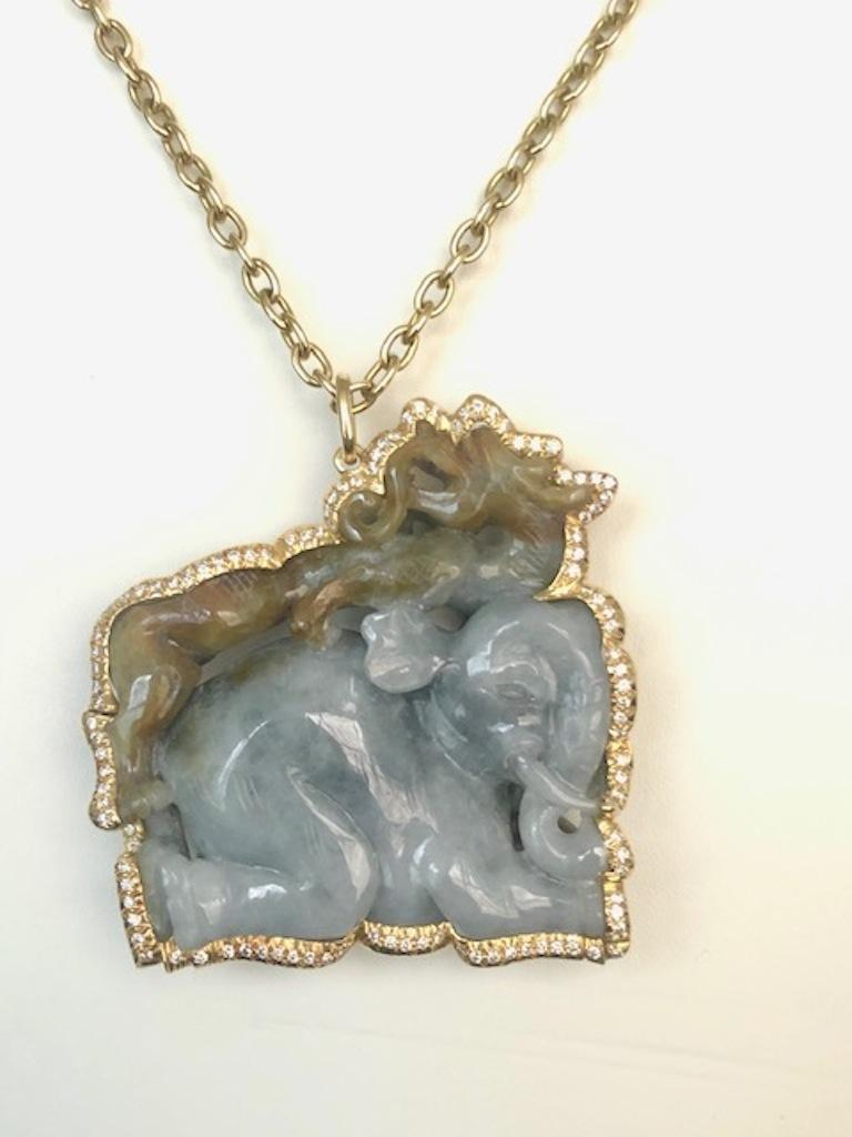 Artisan Amazing One of a Kind Carved Jade, Yellow Gold and Diamond Pendant/Necklace. For Sale