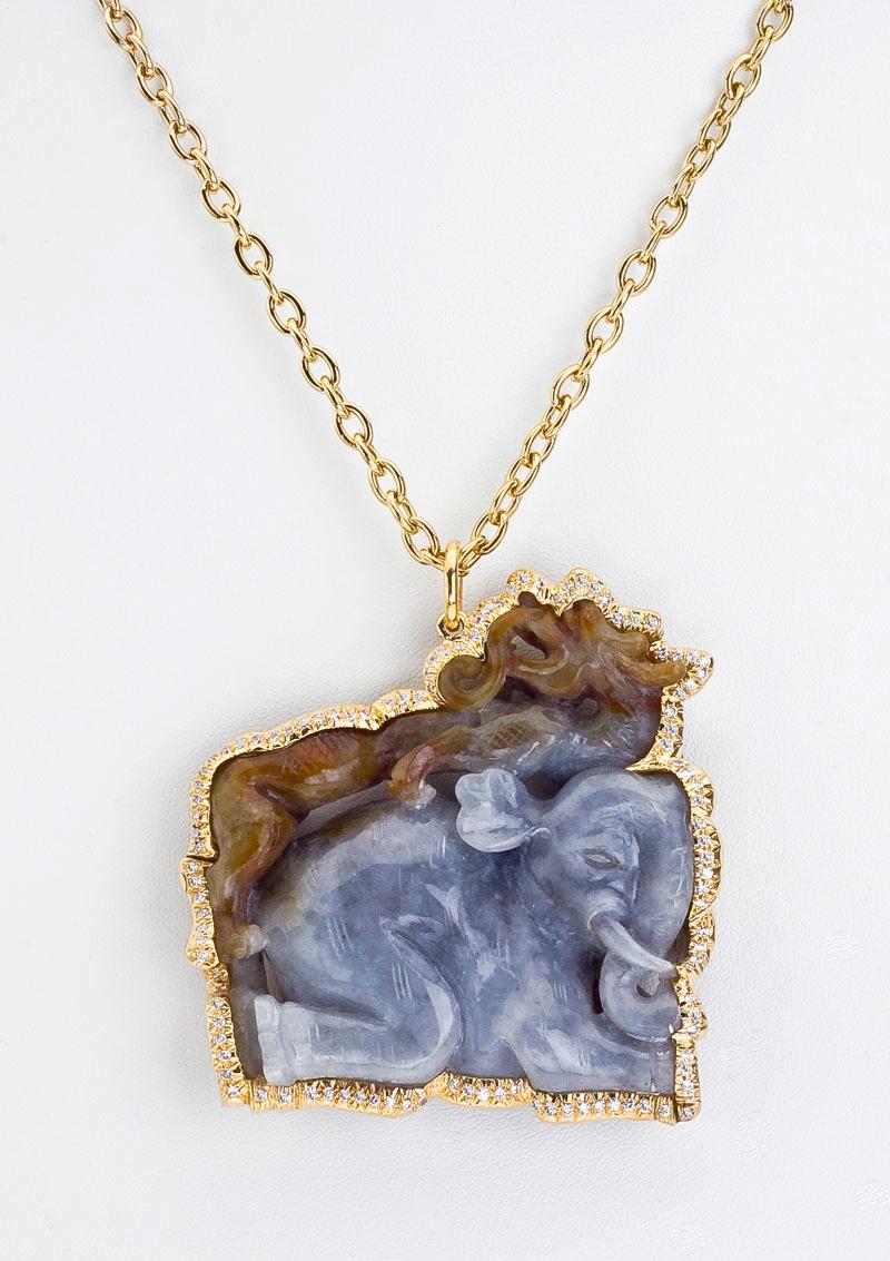 Round Cut Amazing One of a Kind Carved Jade, Yellow Gold and Diamond Pendant/Necklace. For Sale
