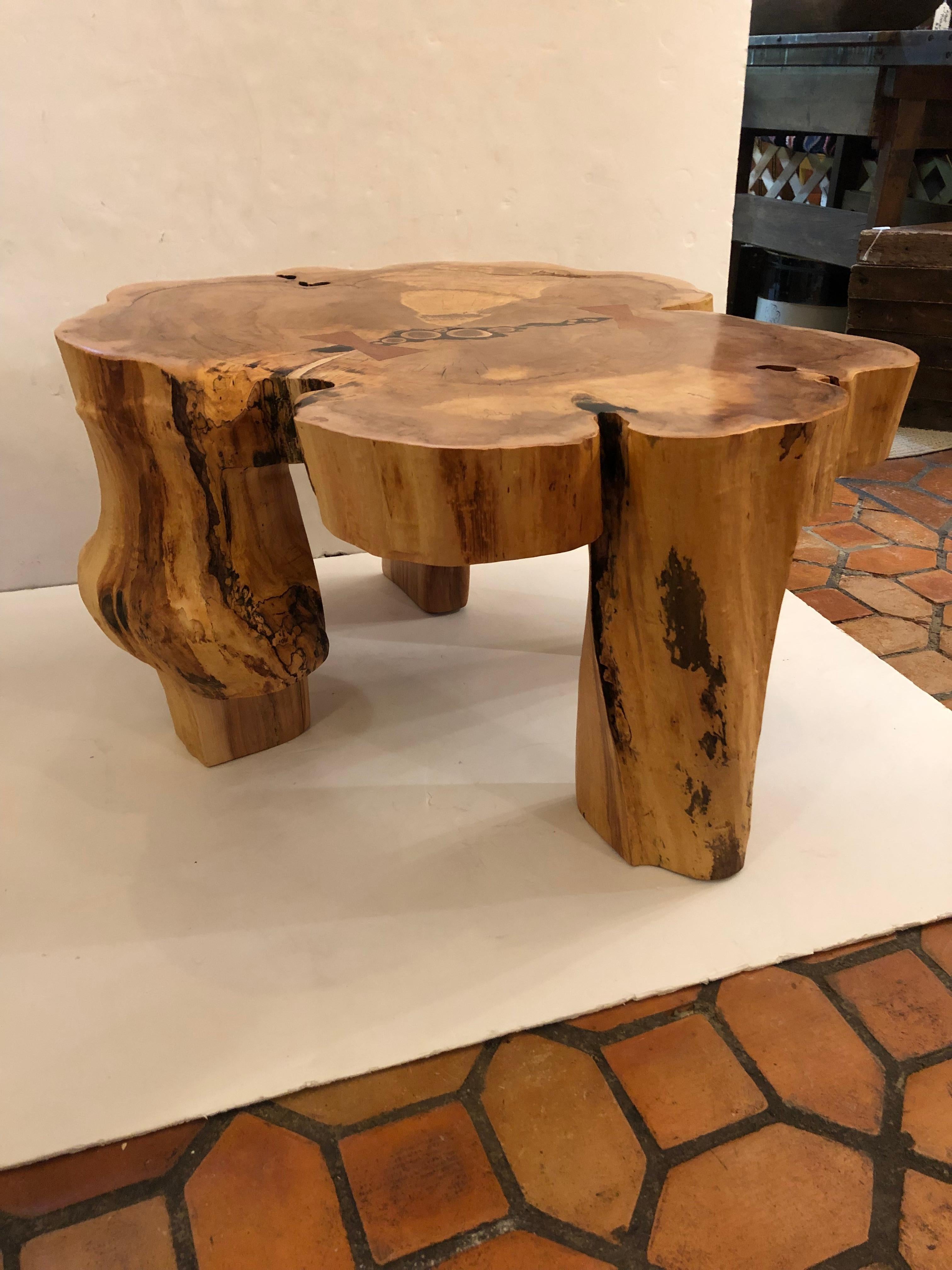 A hand made work of art by NJ wood worker John Braun. This organic modern amoeba shaped coffee table is made from the salvaged base of a maple tree from the artist's own backyard. The lengthy process includes months of drying the wood and expert