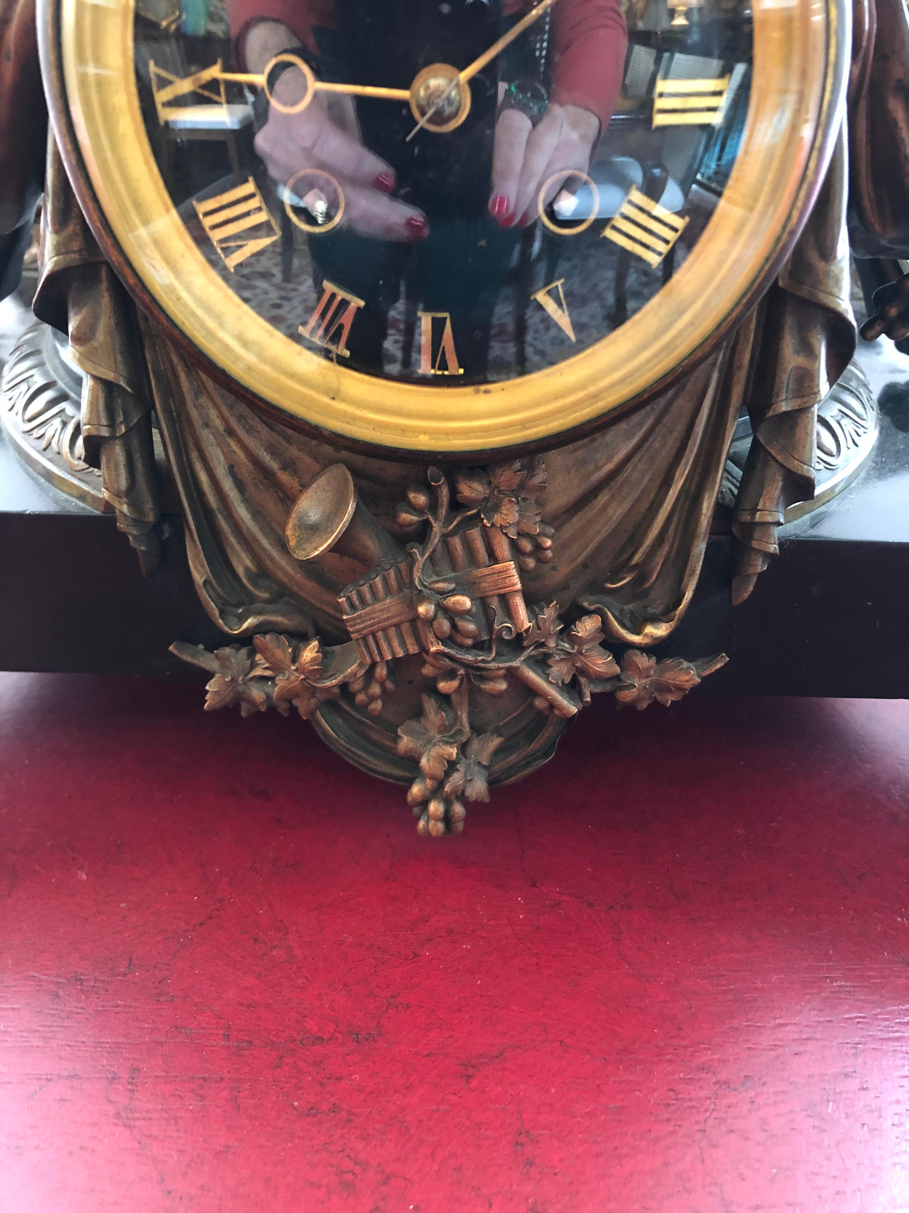 Amazing Ornate French Style Patinated Bronze Tiffany Figural Mantel Clock For Sale 6