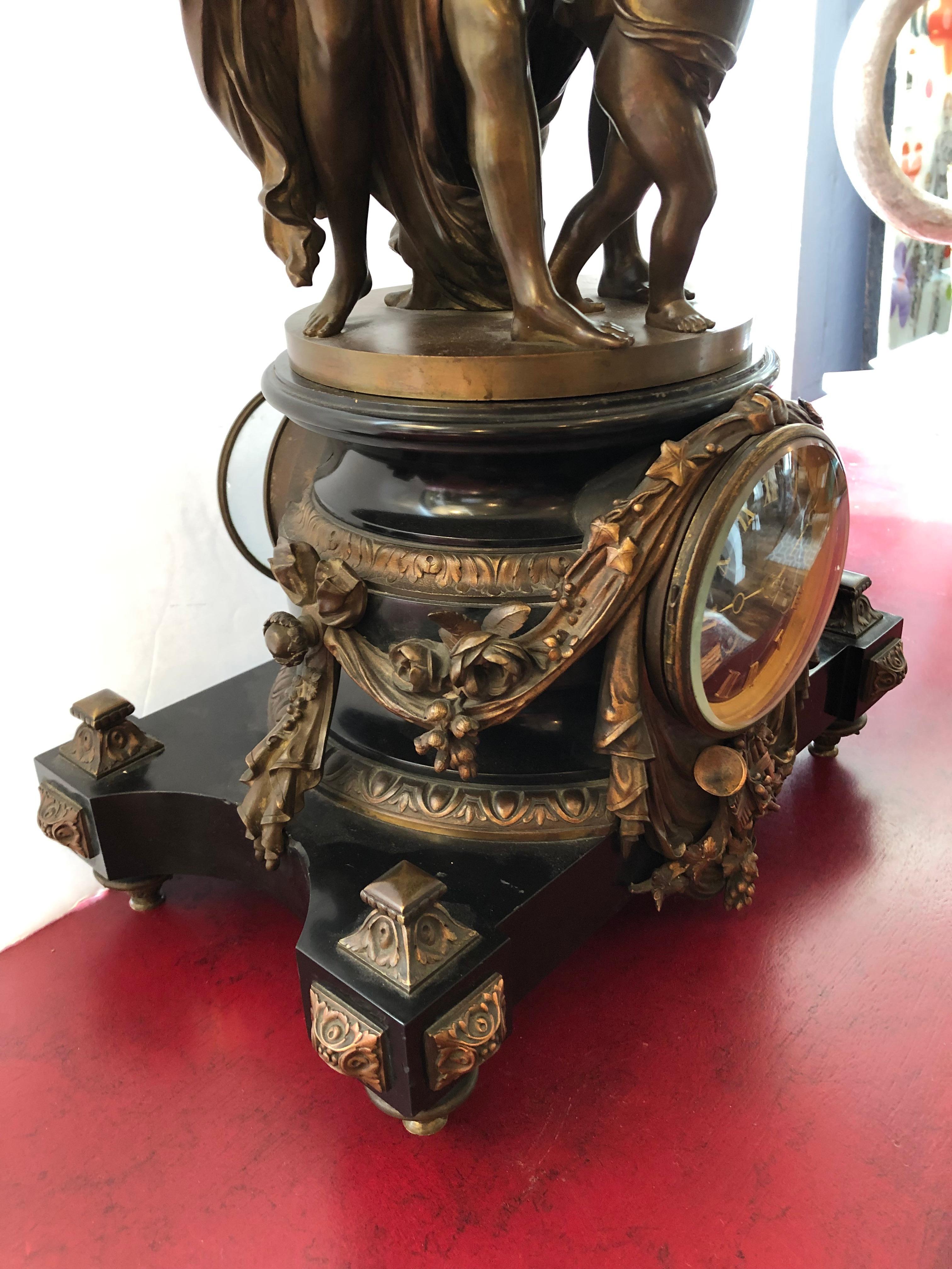 Amazing Ornate French Style Patinated Bronze Tiffany Figural Mantel Clock For Sale 9