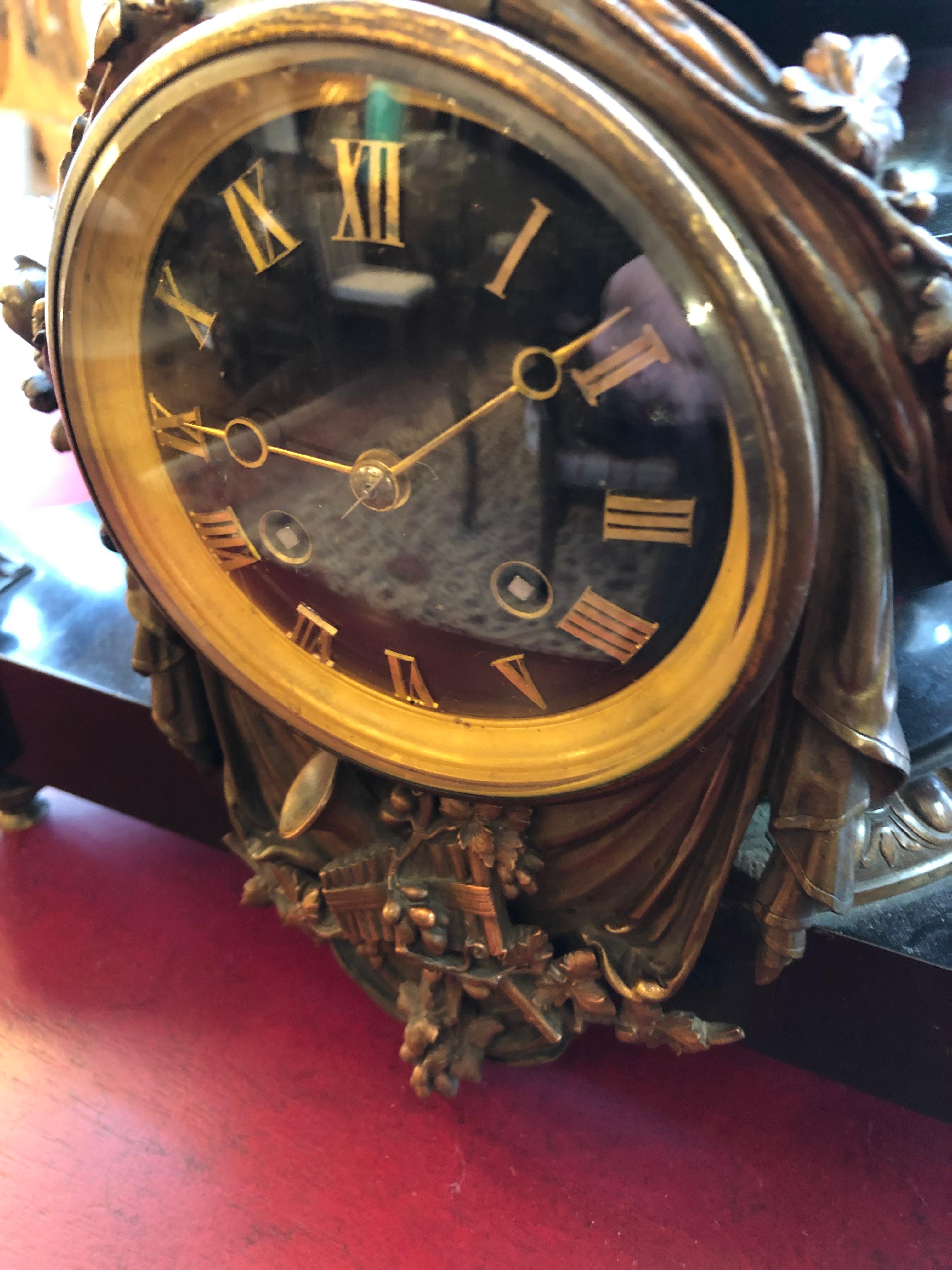 North American Amazing Ornate French Style Patinated Bronze Tiffany Figural Mantel Clock For Sale