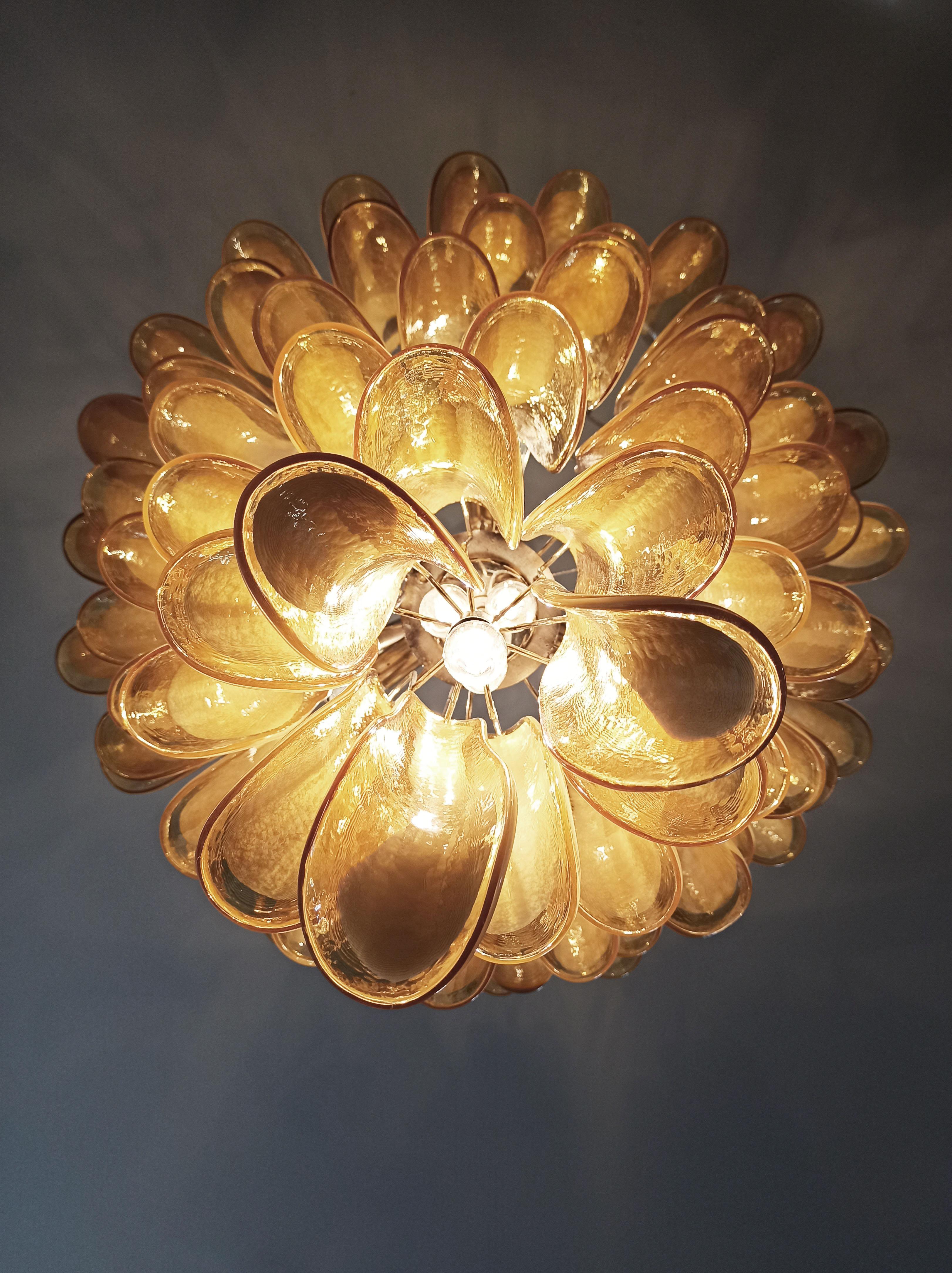 Amazing Pair of Italian Glass Amber Petal Chandeliers, Murano 7