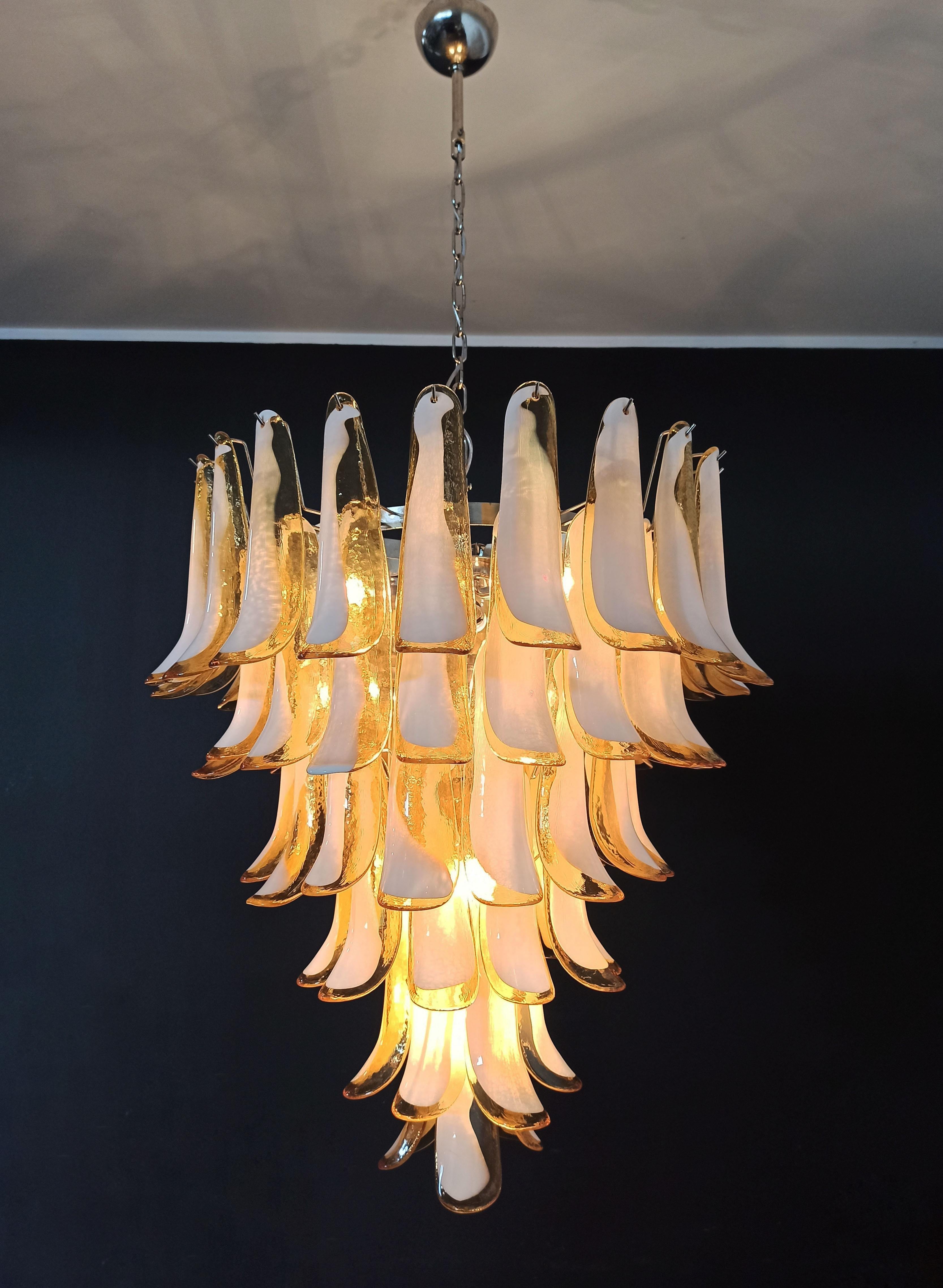 Amazing Pair of Italian Glass Amber Petal Chandeliers, Murano 8