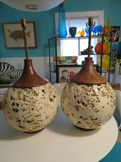 Amazing Pair Jumbo Faux Travertine Ceramic Orb Lamp Mid-Century Modern