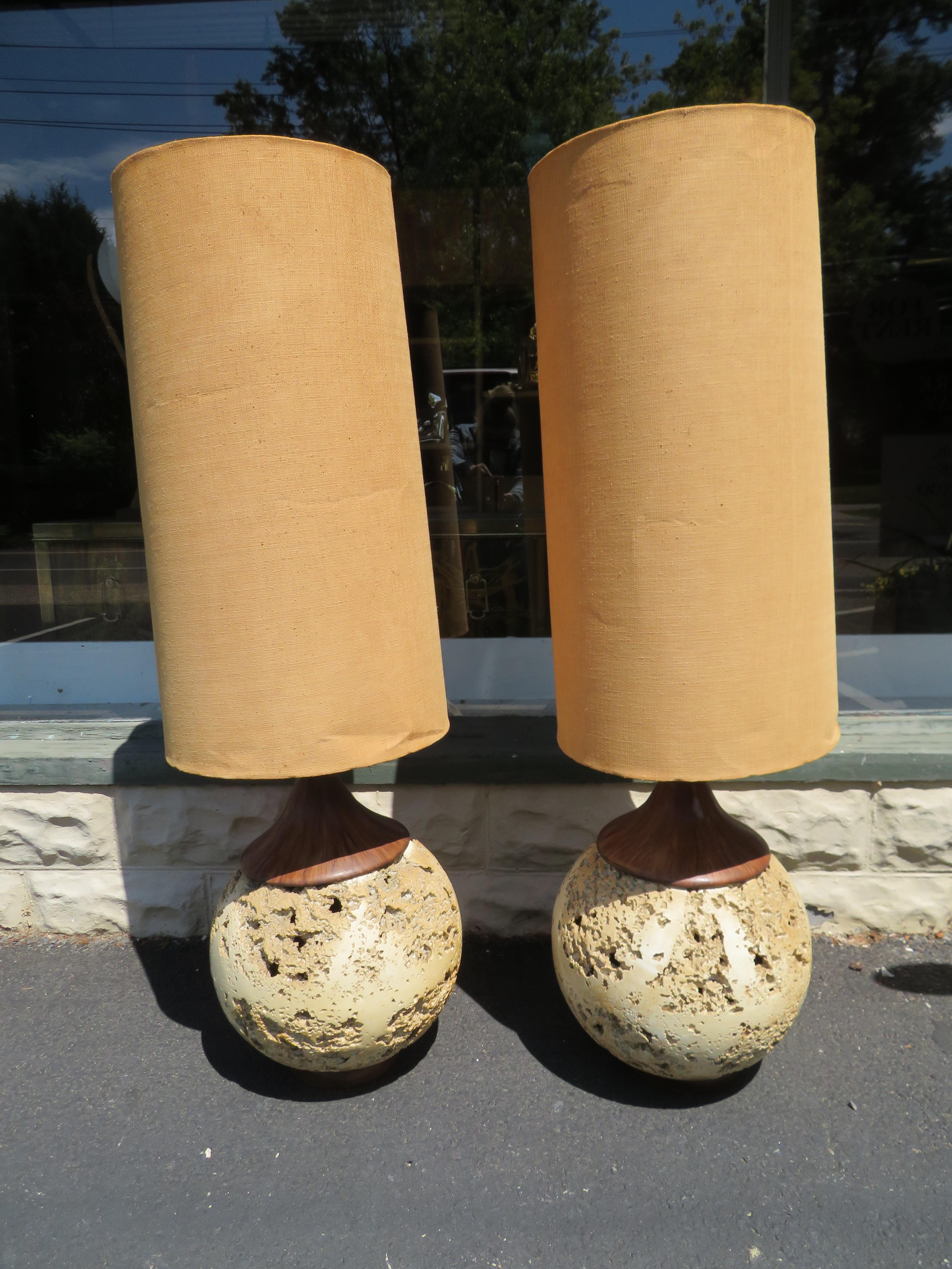 Amazing Pair Jumbo Faux Travertine Ceramic Orb Lamp Mid-Century Modern For Sale 1
