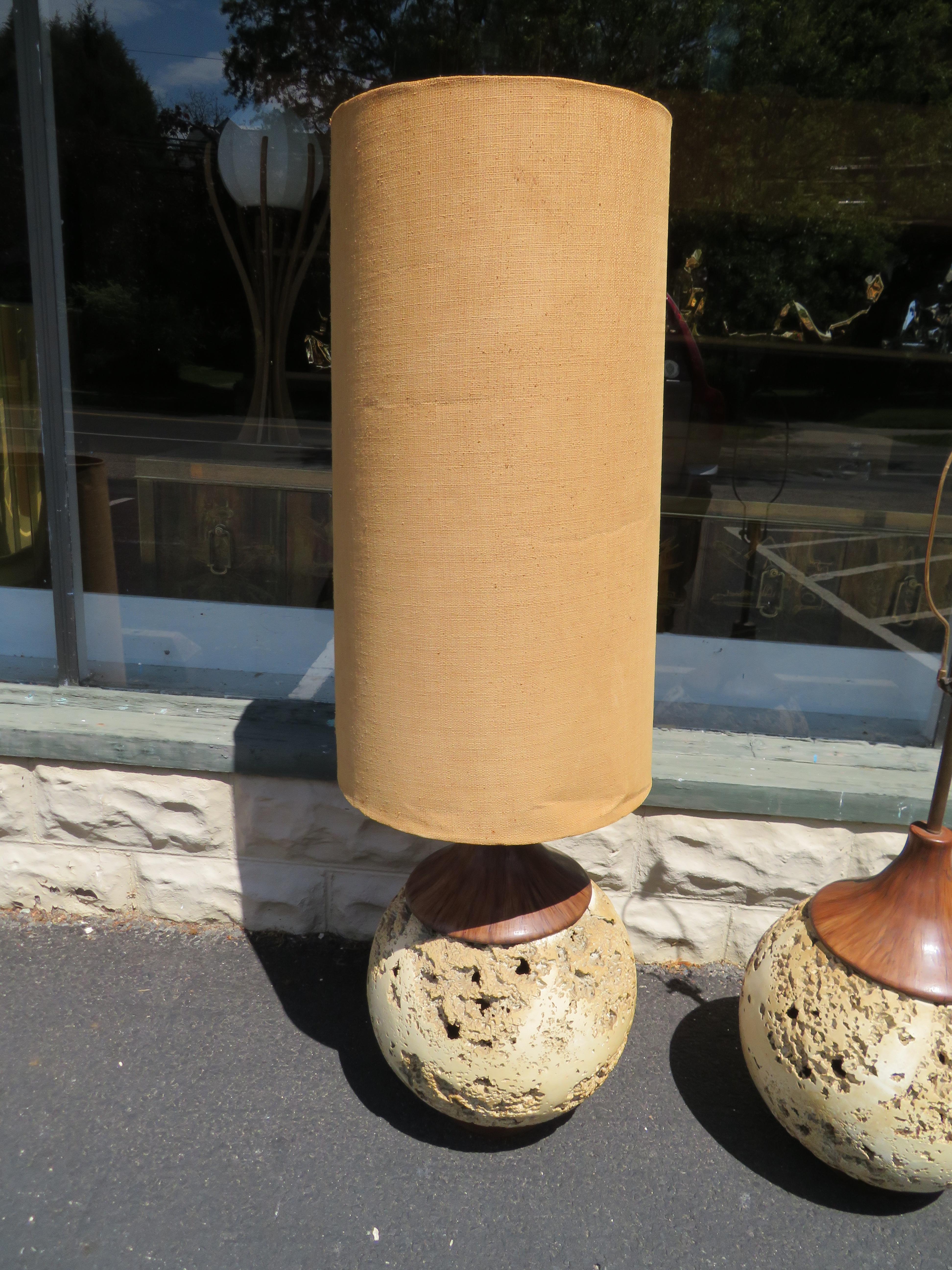 Amazing Pair Jumbo Faux Travertine Ceramic Orb Lamp Mid-Century Modern For Sale 2