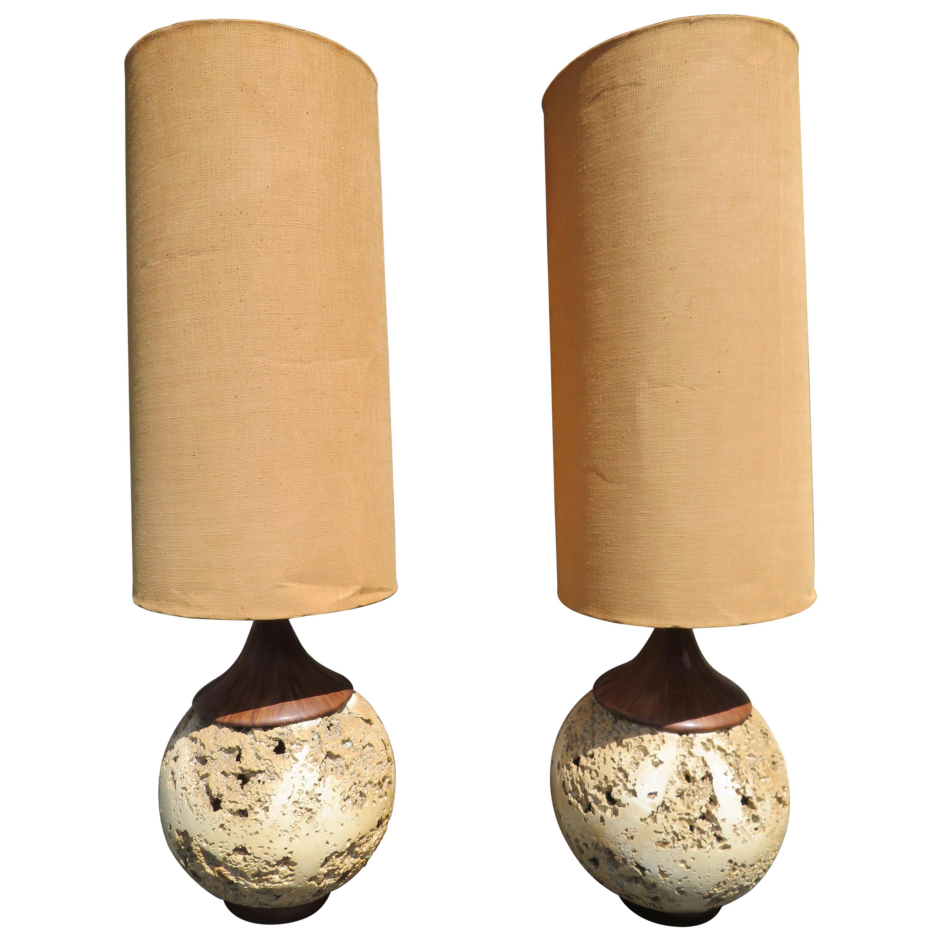 Amazing Pair Jumbo Faux Travertine Ceramic Orb Lamp Mid-Century Modern For Sale