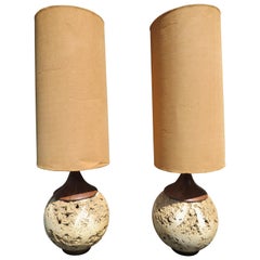 Vintage Amazing Pair Jumbo Faux Travertine Ceramic Orb Lamp Mid-Century Modern