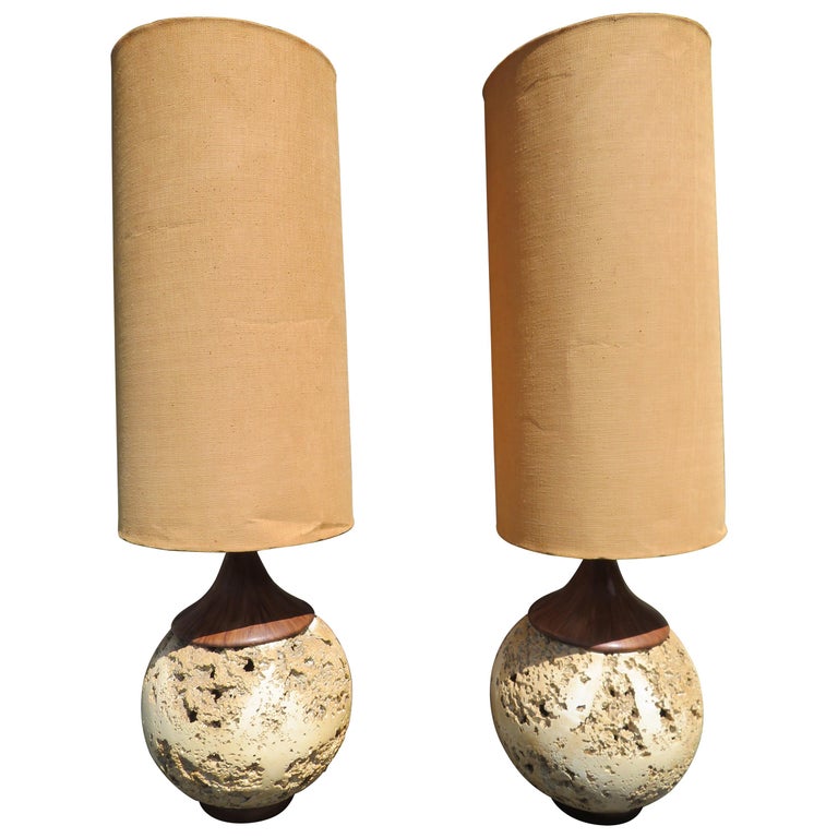 Amazing Pair Jumbo Faux Travertine Ceramic Orb Lamp Mid-Century Modern For  Sale at 1stDibs