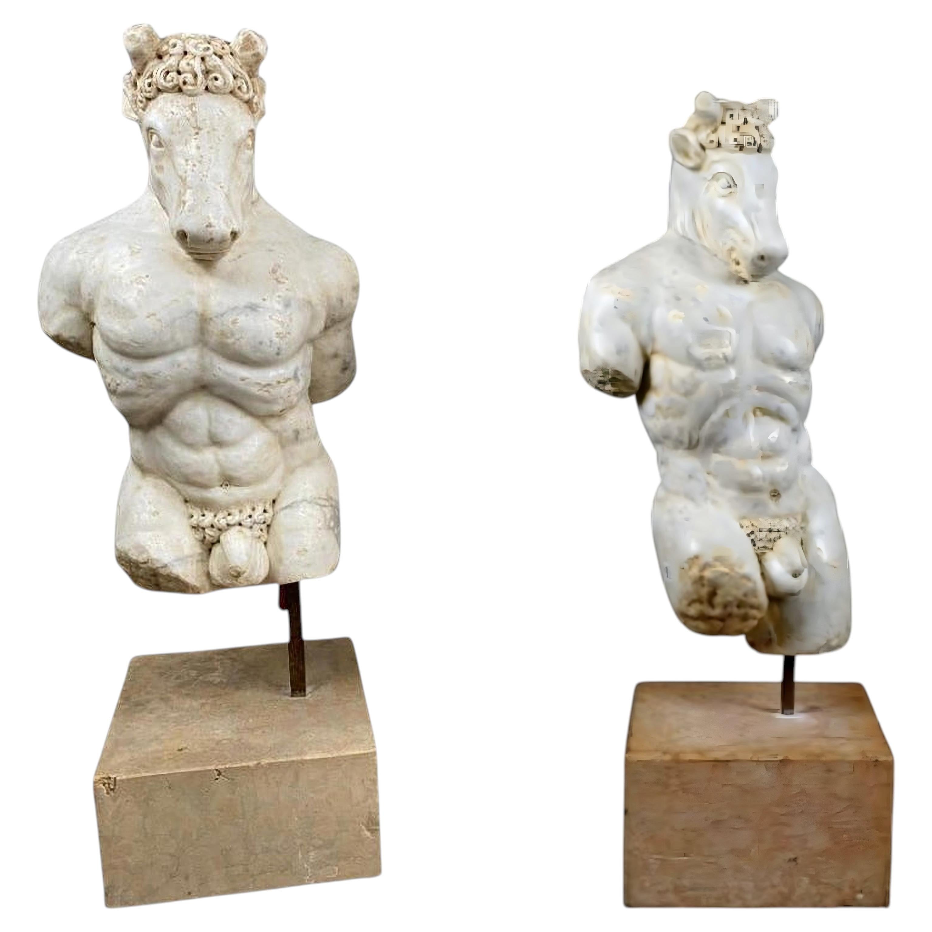AMAZING PAIR MARBLE FIGURE OF THE MINOTAUR, 17th Century Baroque Style, Italy.