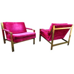 Amazing Pair of Milo Baughman Style Brass Flatbar Lounge Chair Midcentury