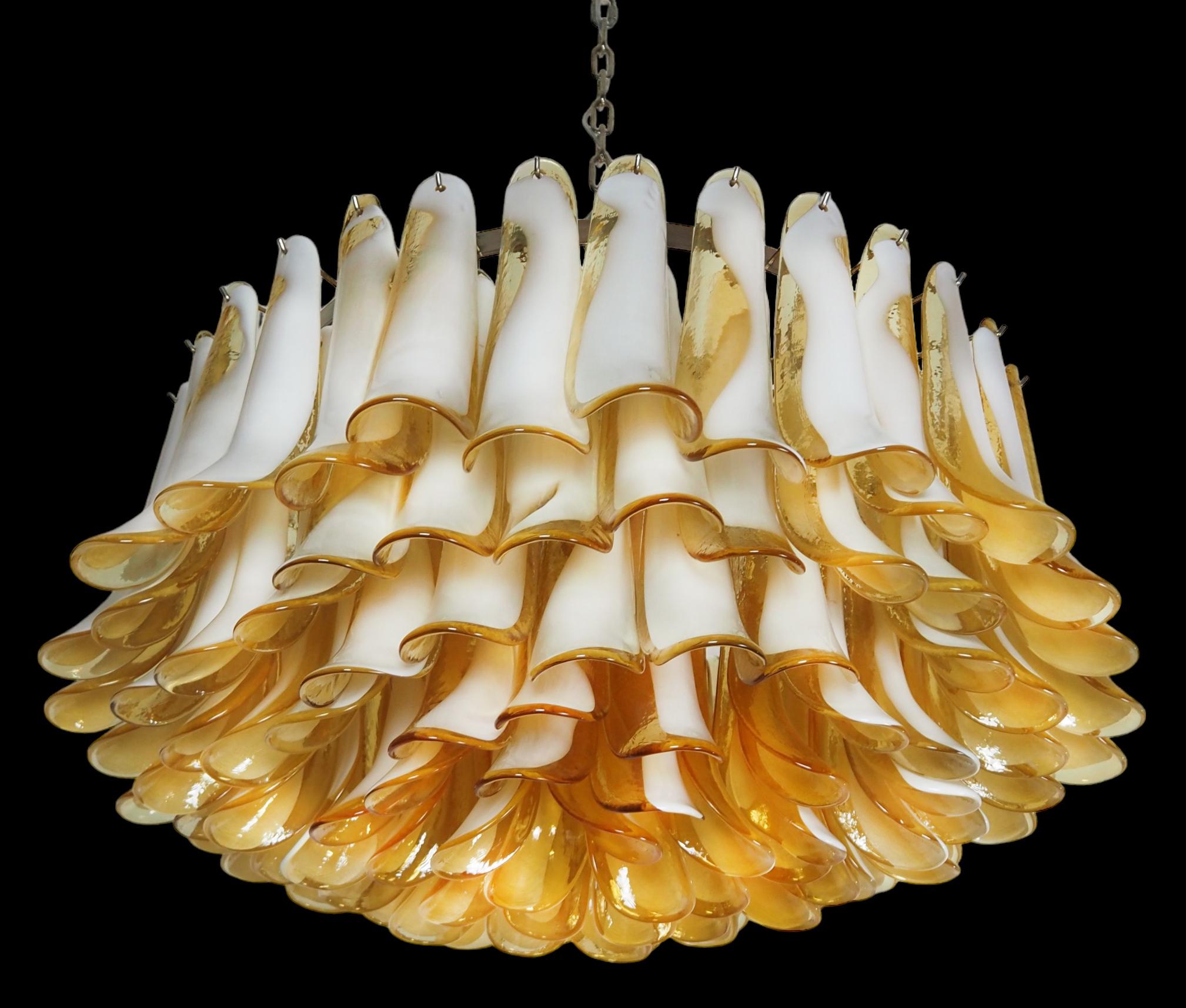 Amazing Pair Murano Amber Petal Chandeliers For Sale 4