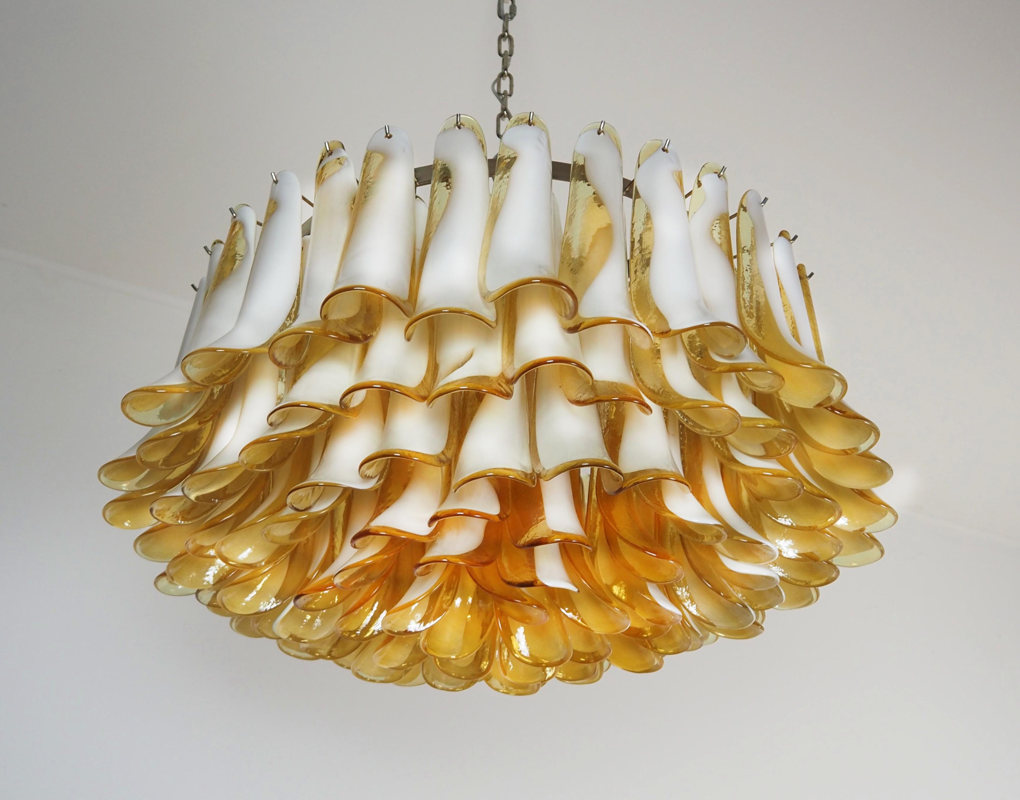 Mid-Century Modern Amazing Pair Murano Amber Petal Chandeliers For Sale