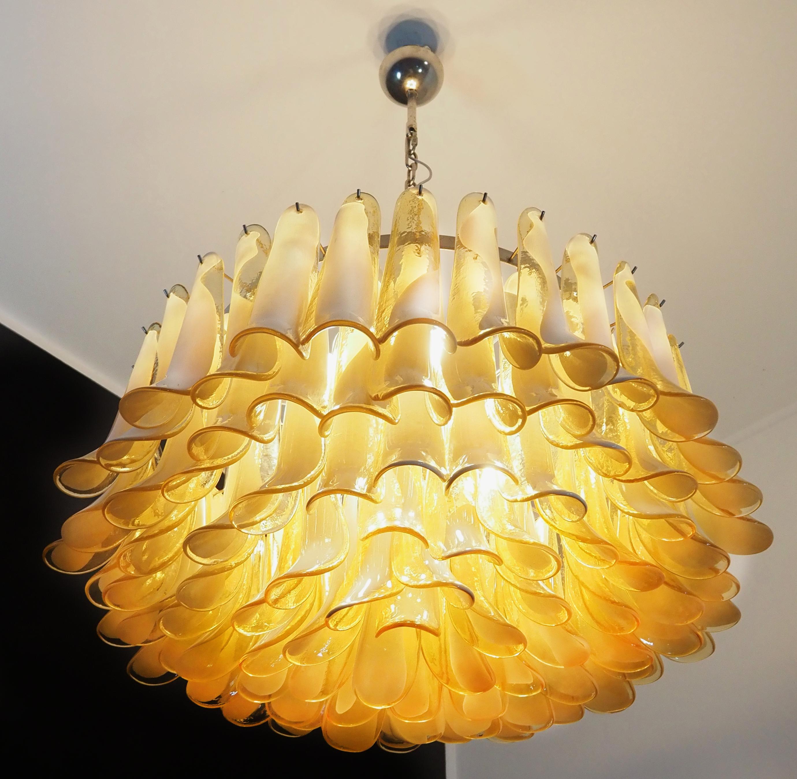 Art Glass Amazing Pair Murano Amber Petal Chandeliers For Sale