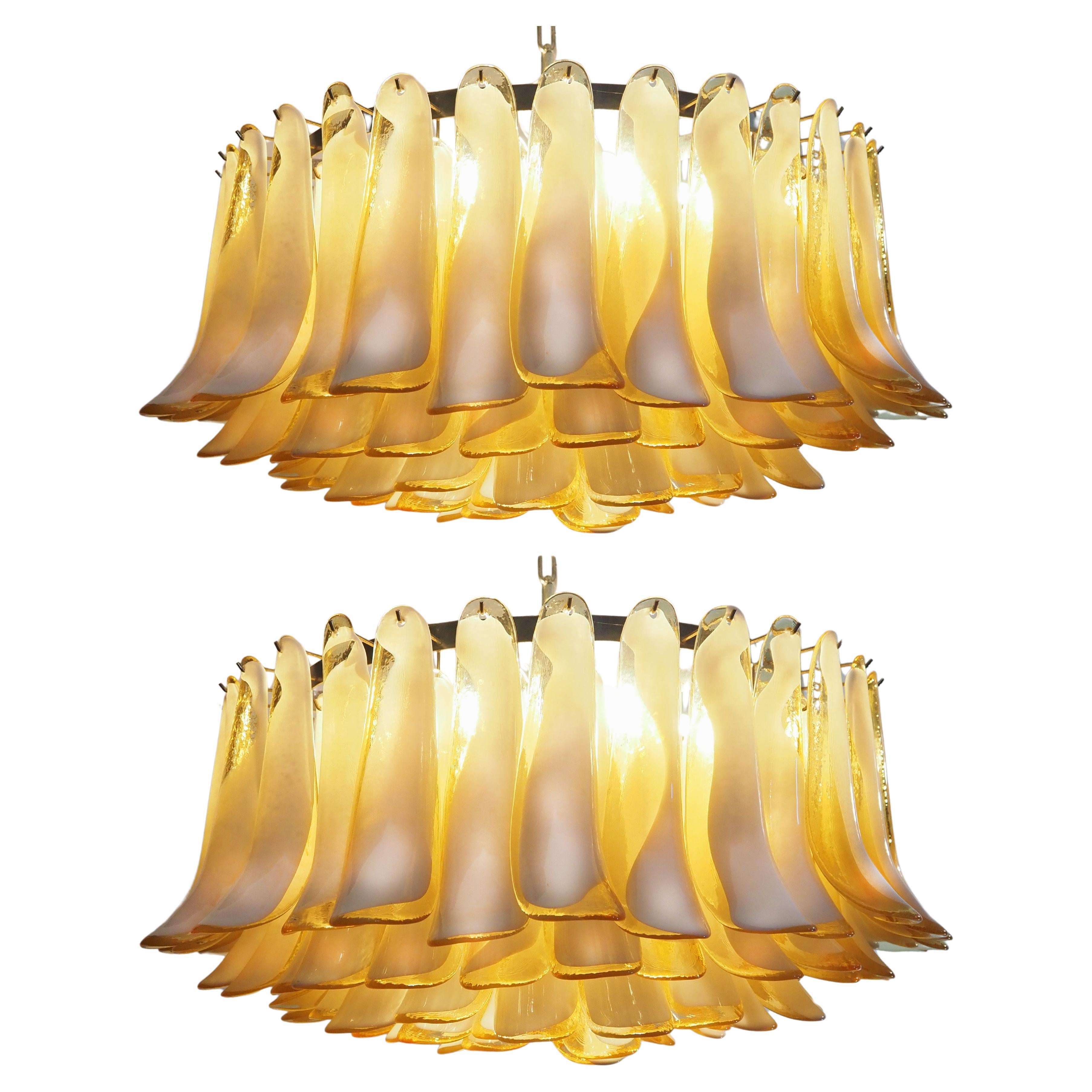 Incroyable paire de lustres à pétales d'ambre de Murano