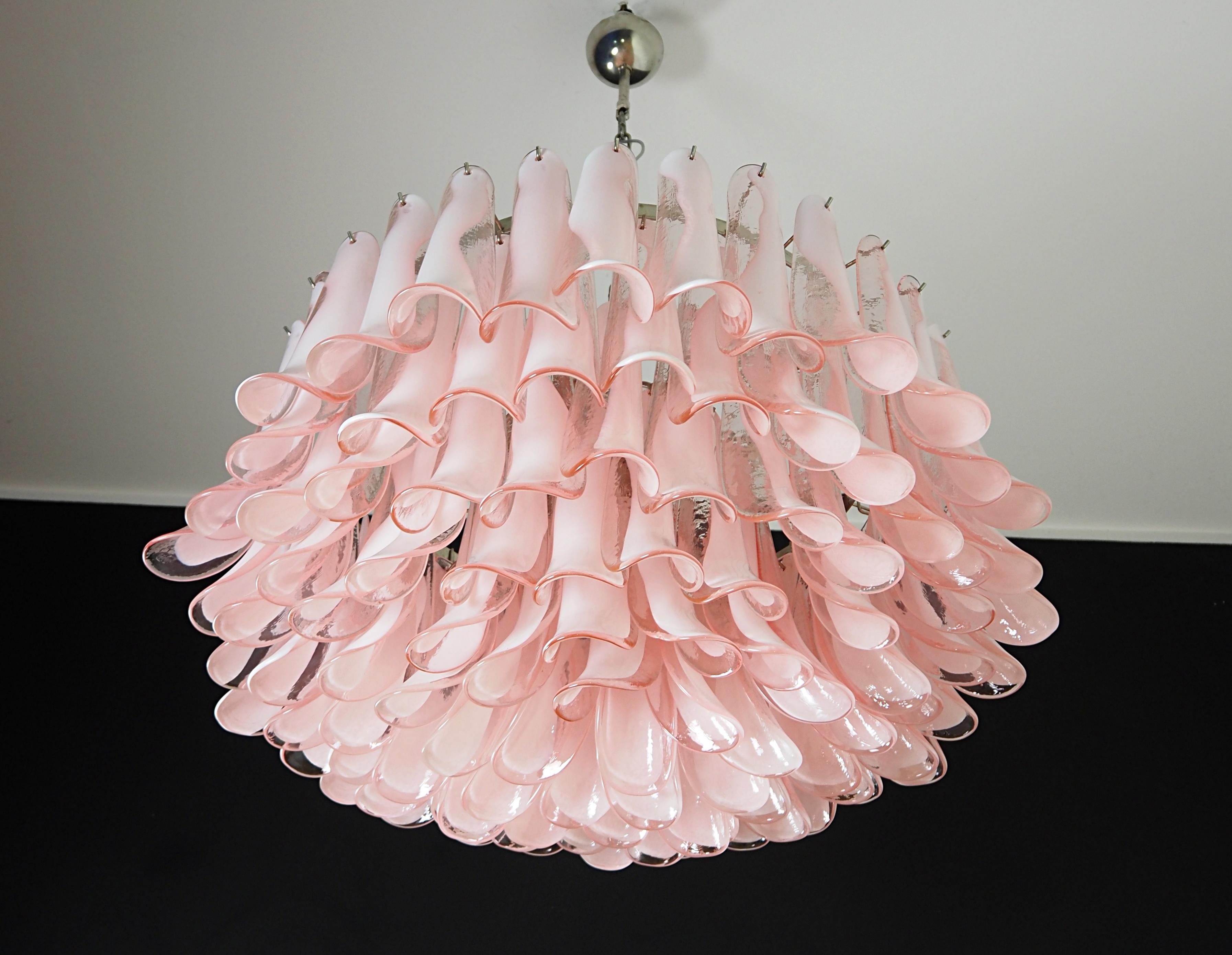 Mid-Century Modern Amazing Pair Murano Pink Petal Chandeliers For Sale