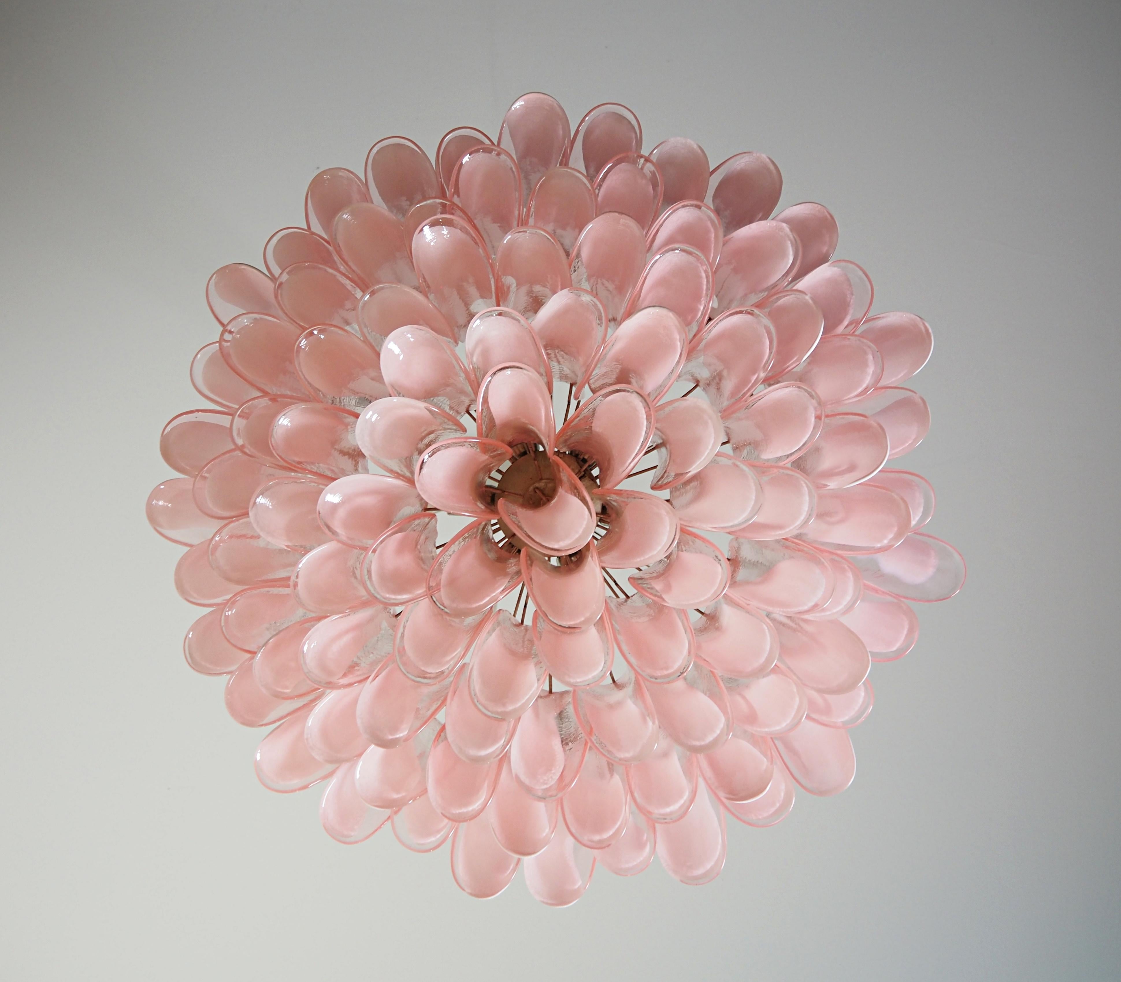 Galvanized Amazing Pair Murano Pink Petal Chandeliers For Sale