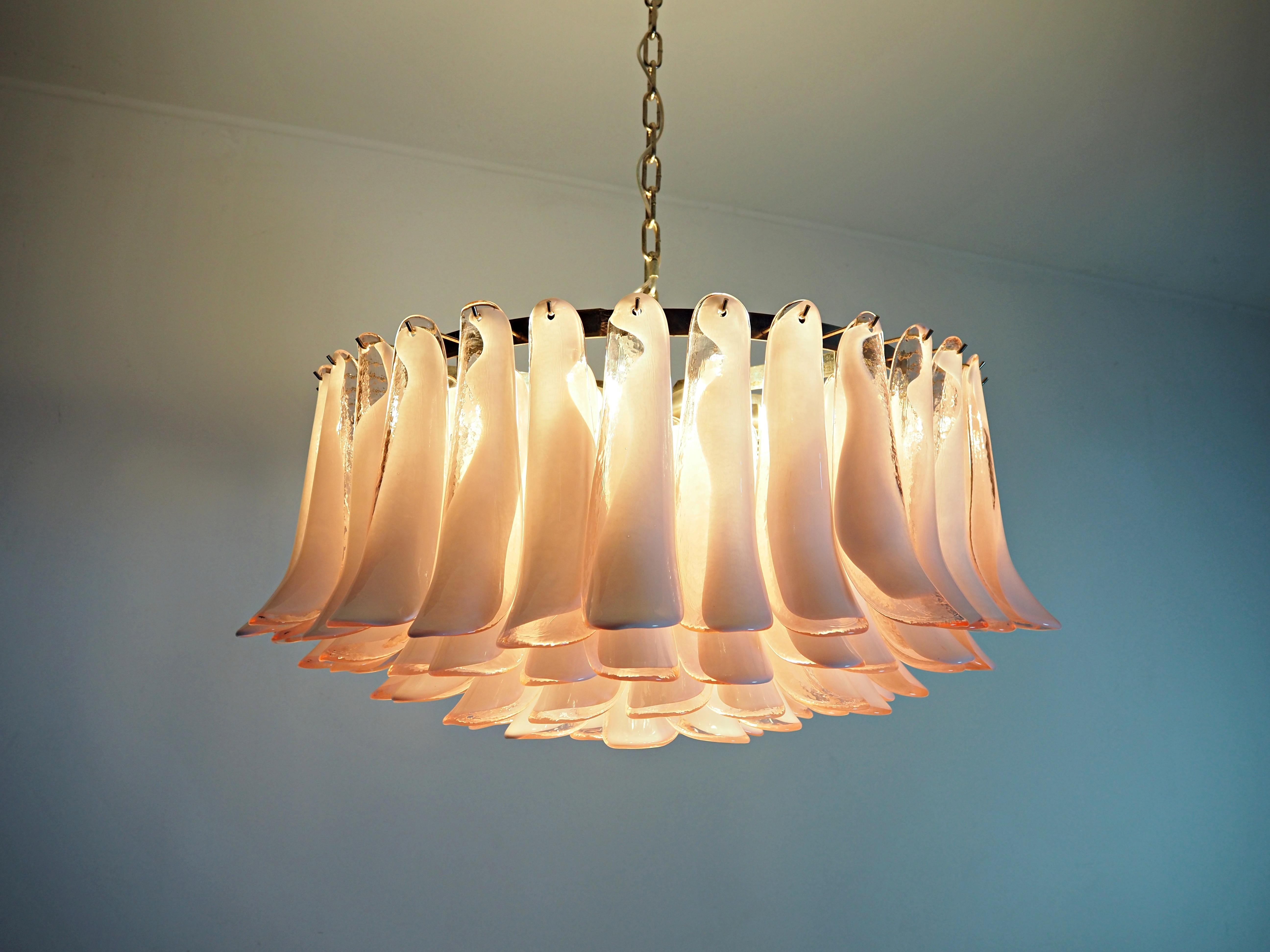 20th Century Amazing Pair Murano Pink Petal Chandeliers For Sale
