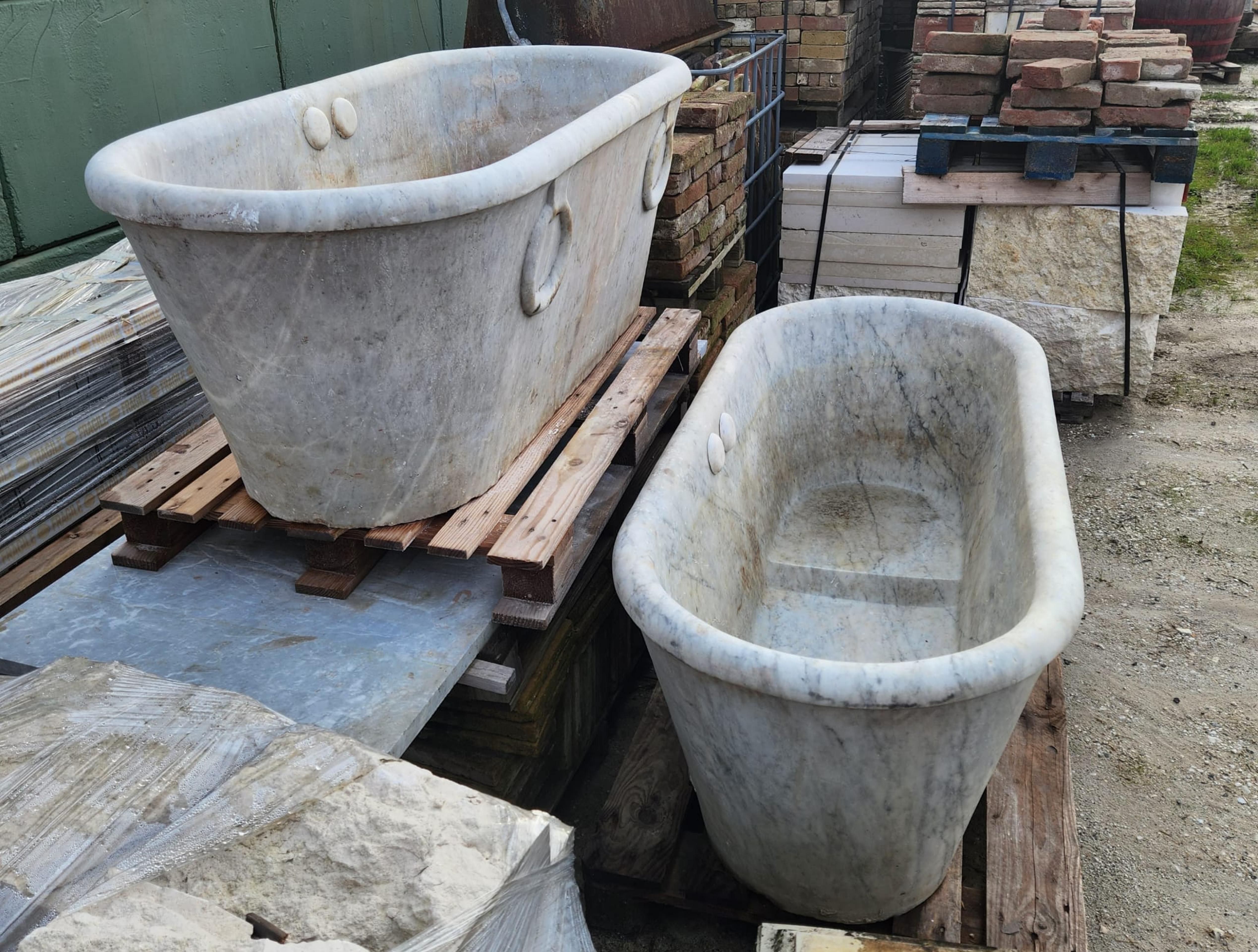 Baroque AMAZING PAIR OF ANCIENT WHITE CARRARA MARBLE TUBS WITH RINGS late 19th Century For Sale