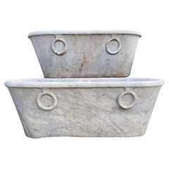 AMAZING PAIR OF ANCIENT WHITE CARRARA MARBLE TUBS WITH RINGS late 19th Century