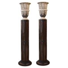 Amazing Pair of Art Deco Floor Lamps in Alabaster, Wood and Iron