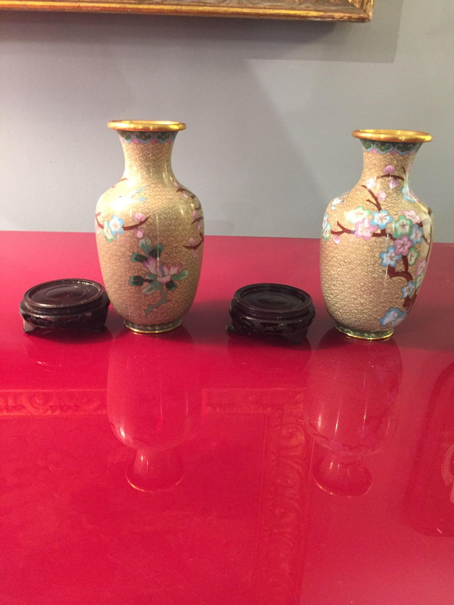 Coppia di vasi cinesi Cloisonné, smaltati e dorati, inizio XX secolo, con scatola originale.
Cina, inizio del XX secolo.
Condizioni eccellenti per questa coppia di vasi cloisonné smaltati e dorati con motivi floreali.