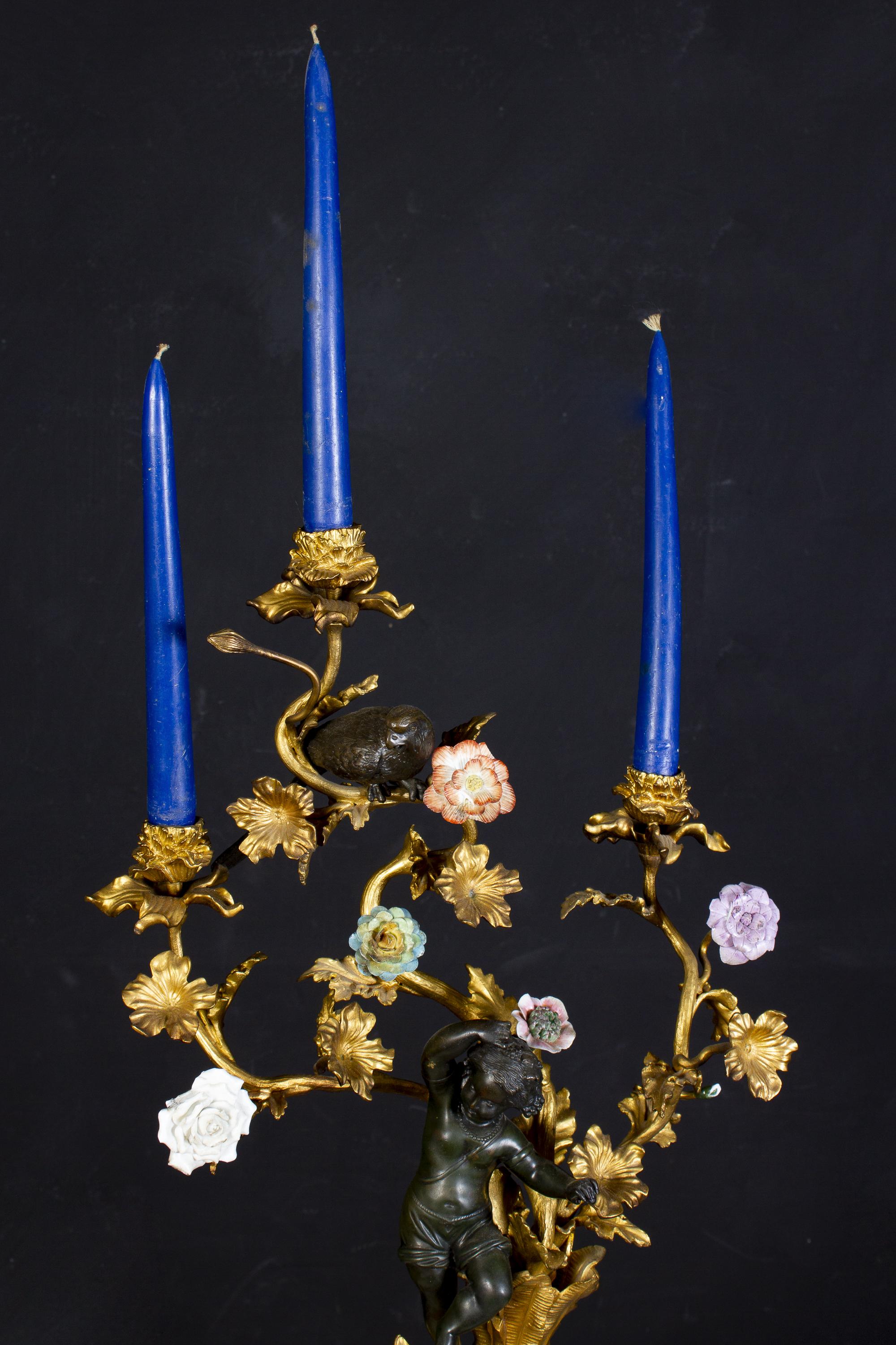 Louis XVI Amazing Pair of French 19th Century Bronze and Gilt Bronze Candelabras For Sale