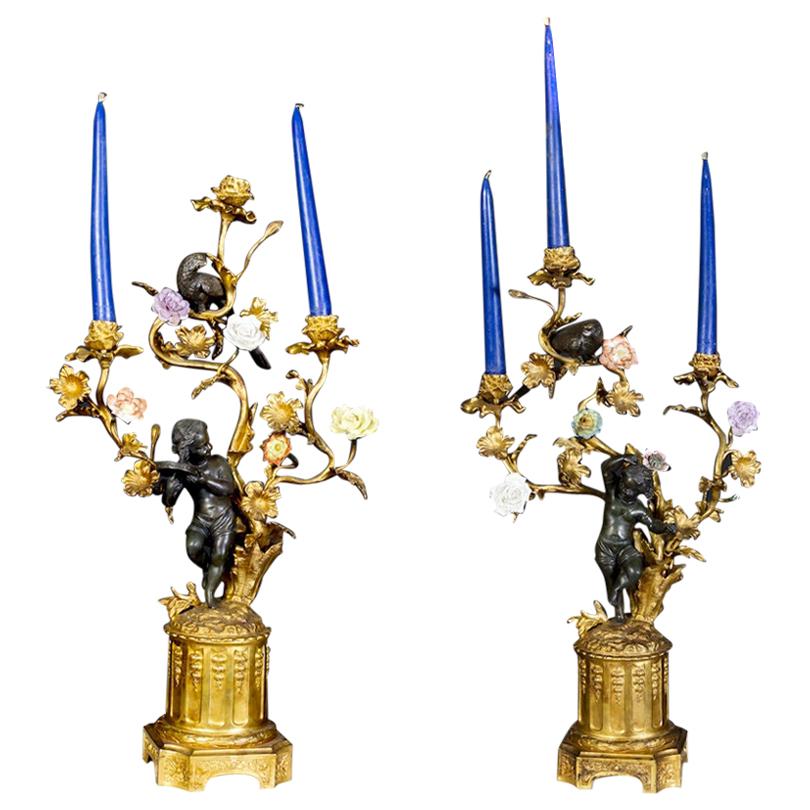 Amazing Pair of French 19th Century Bronze and Gilt Bronze Candelabras