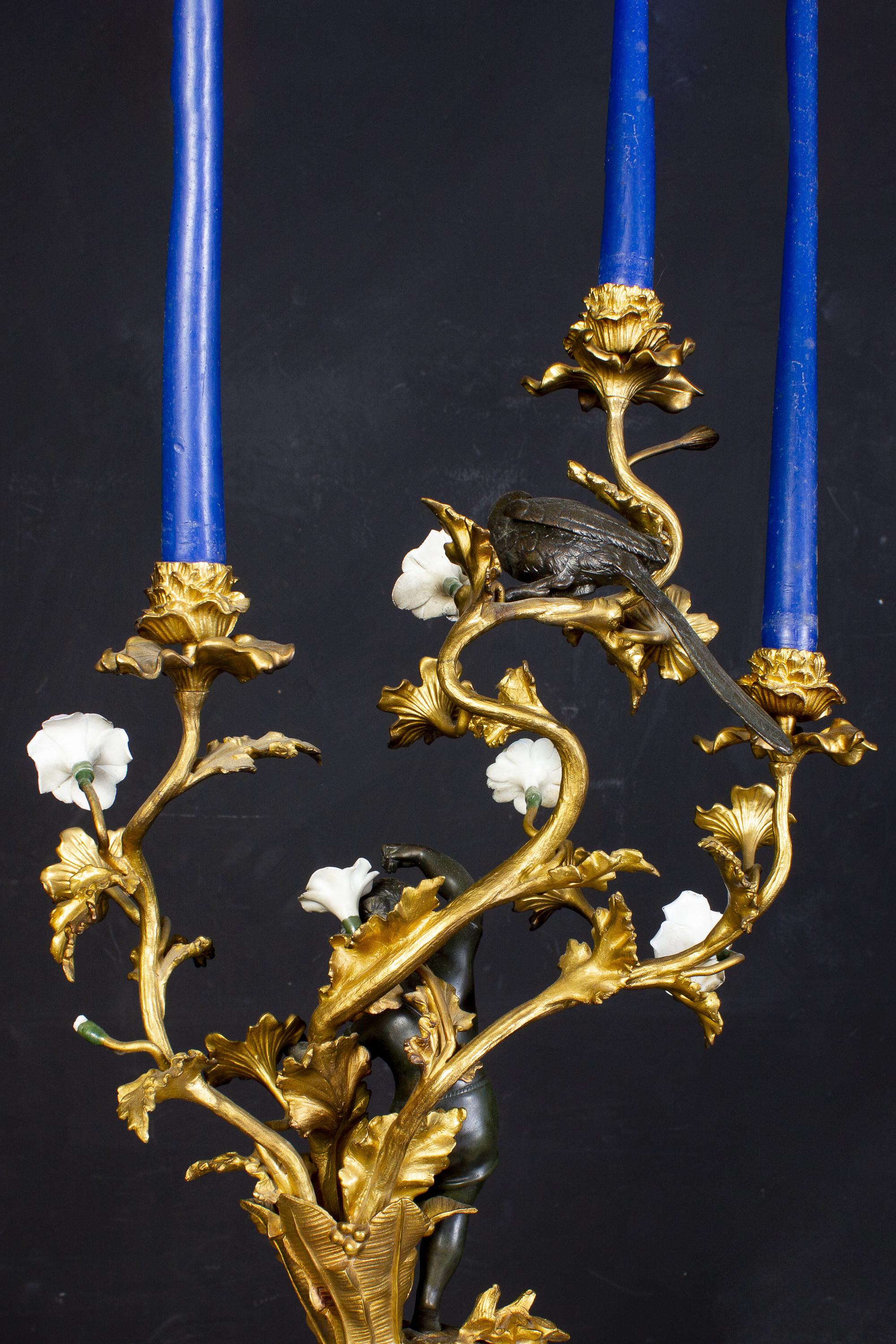 Amazing Pair of French 19th Century Bronze and Gilt Bronze Candelabras In Good Condition For Sale In Rome, IT