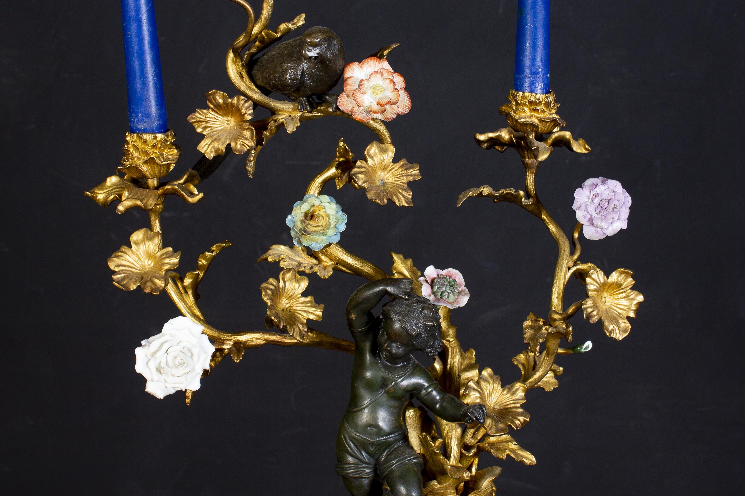 Bronzo Incredibile coppia di candelabri francesi del XIX secolo in bronzo e bronzo dorato in vendita