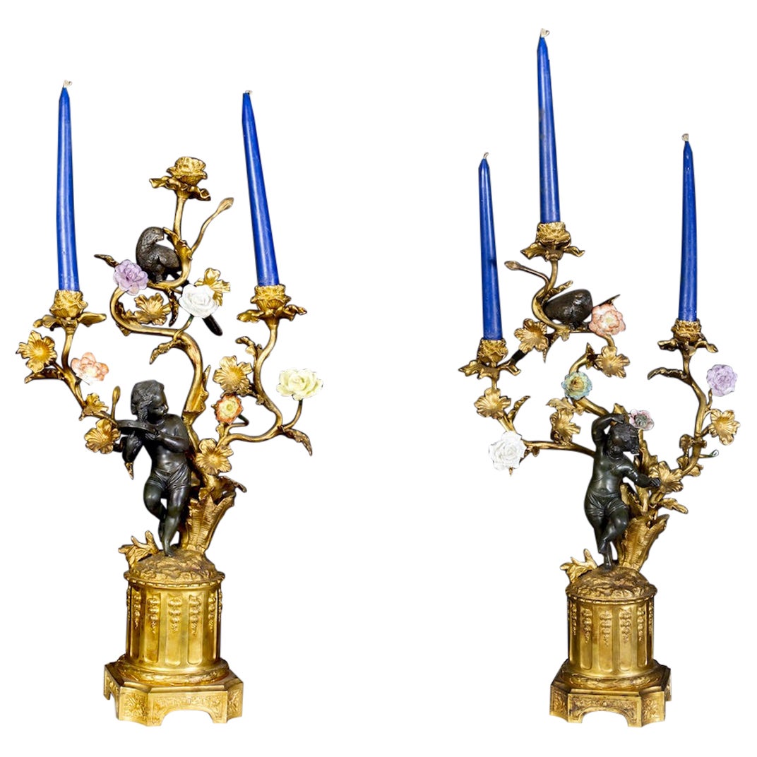 Amazing Pair of French 19th Century Bronze and Gilt Bronze Candelabras