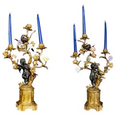 Amazing Pair of French 19th Century Bronze and Gilt Bronze Candelabras