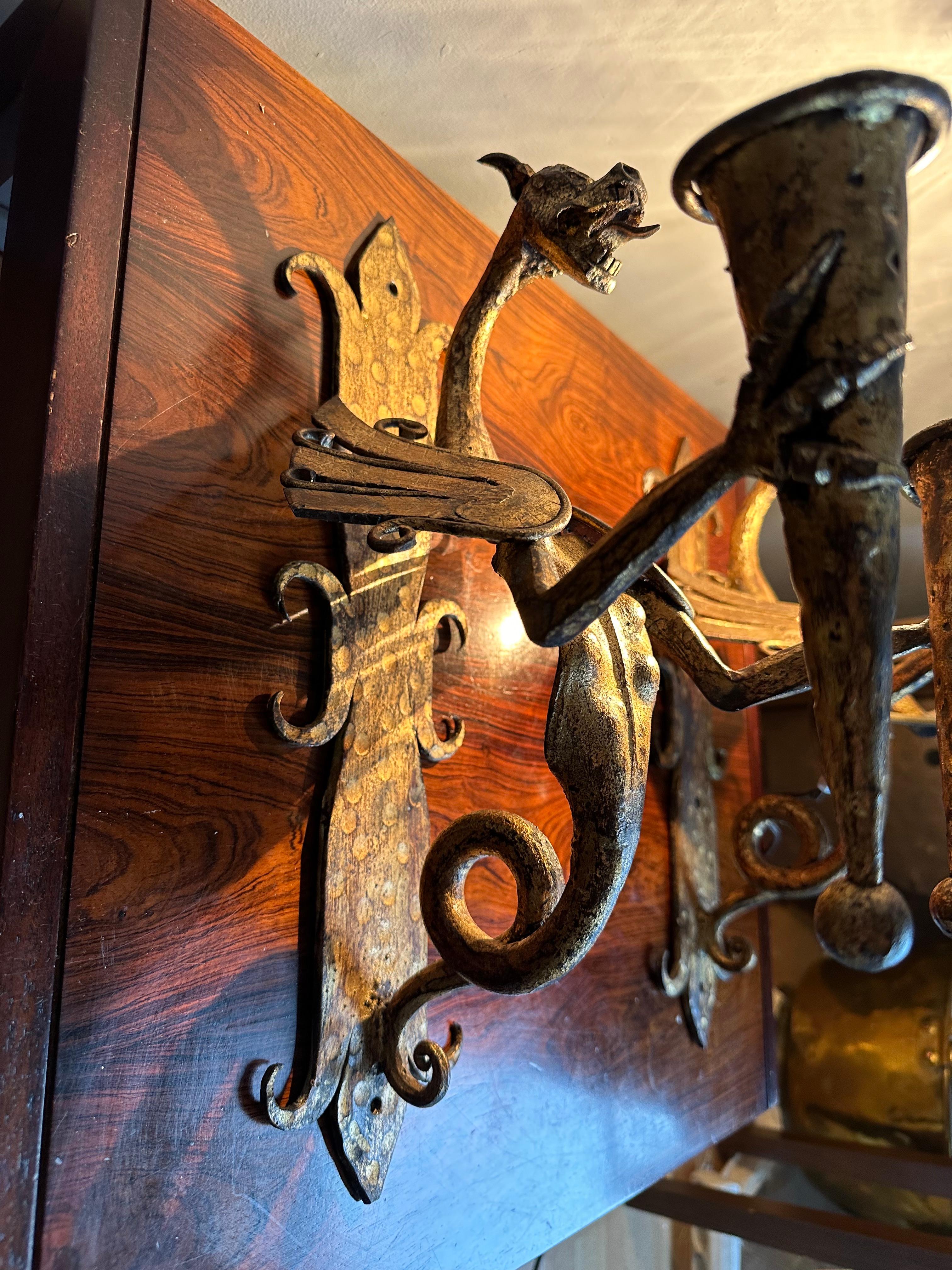 Amazing Pair of Gothic Revival Handforged Dragon Flying Sculptures Wall Sconces  For Sale 3