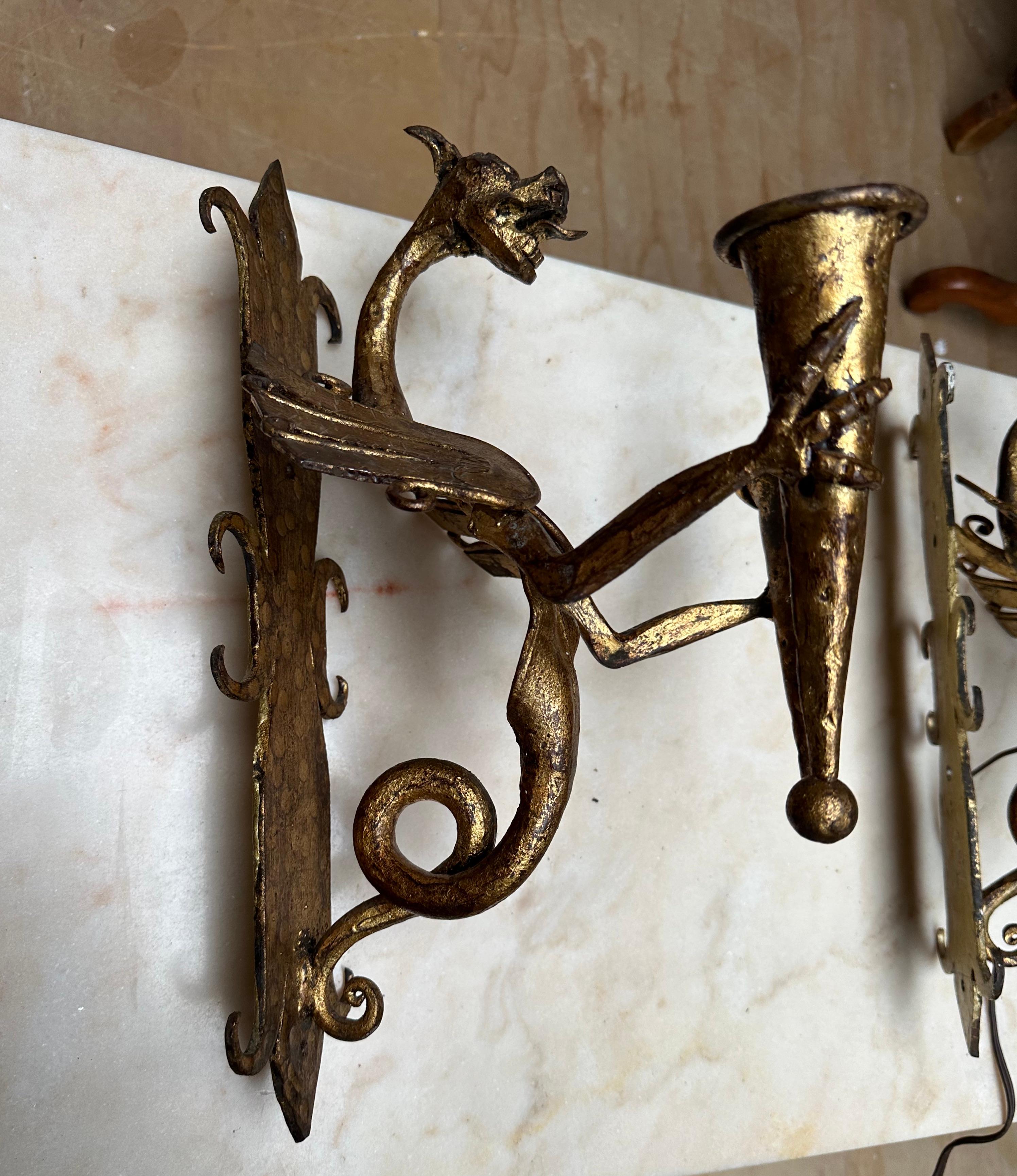 Amazing Pair of Gothic Revival Handforged Dragon Flying Sculptures Wall Sconces  For Sale 4
