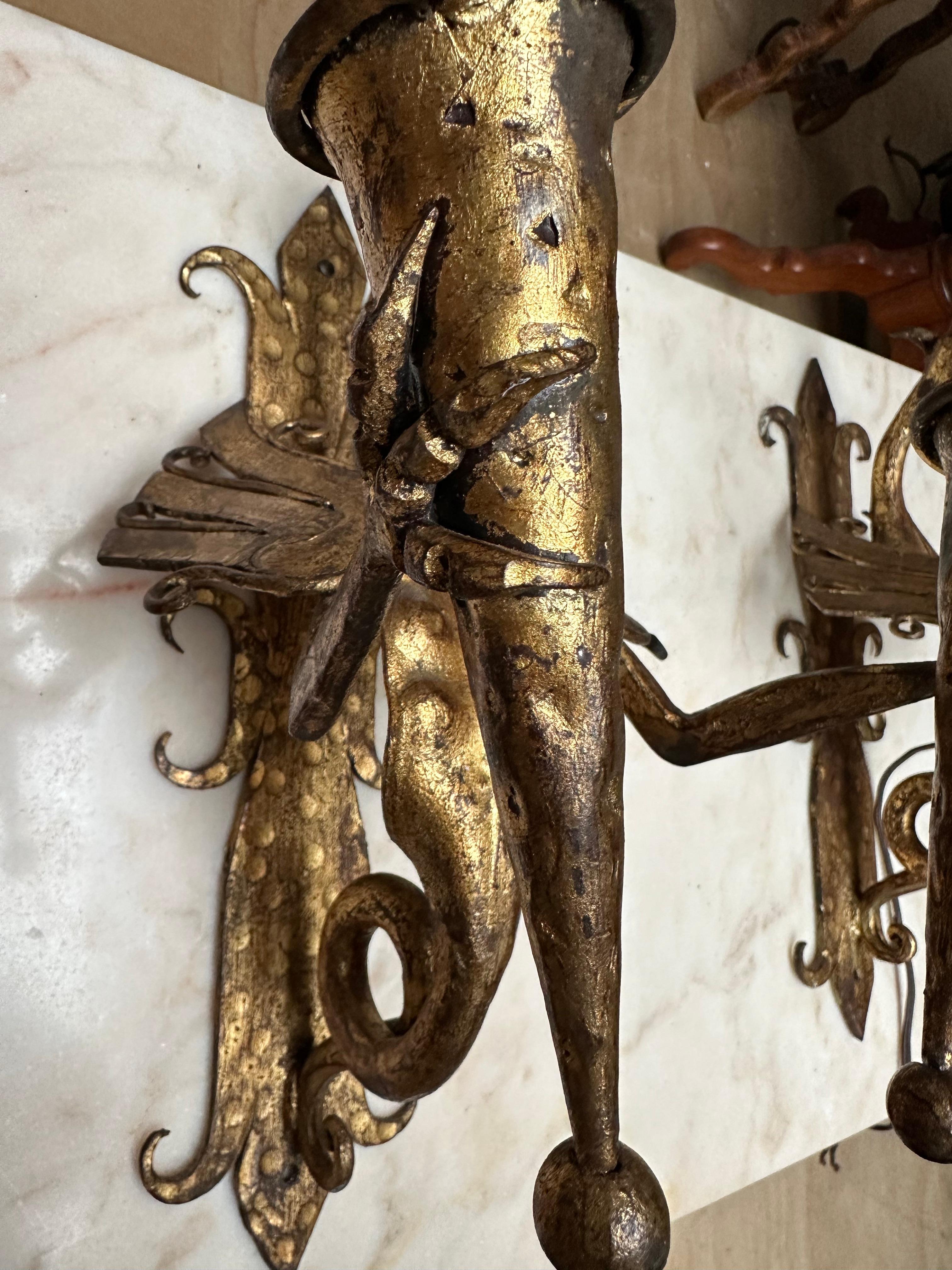 Amazing Pair of Gothic Revival Handforged Dragon Flying Sculptures Wall Sconces  For Sale 5