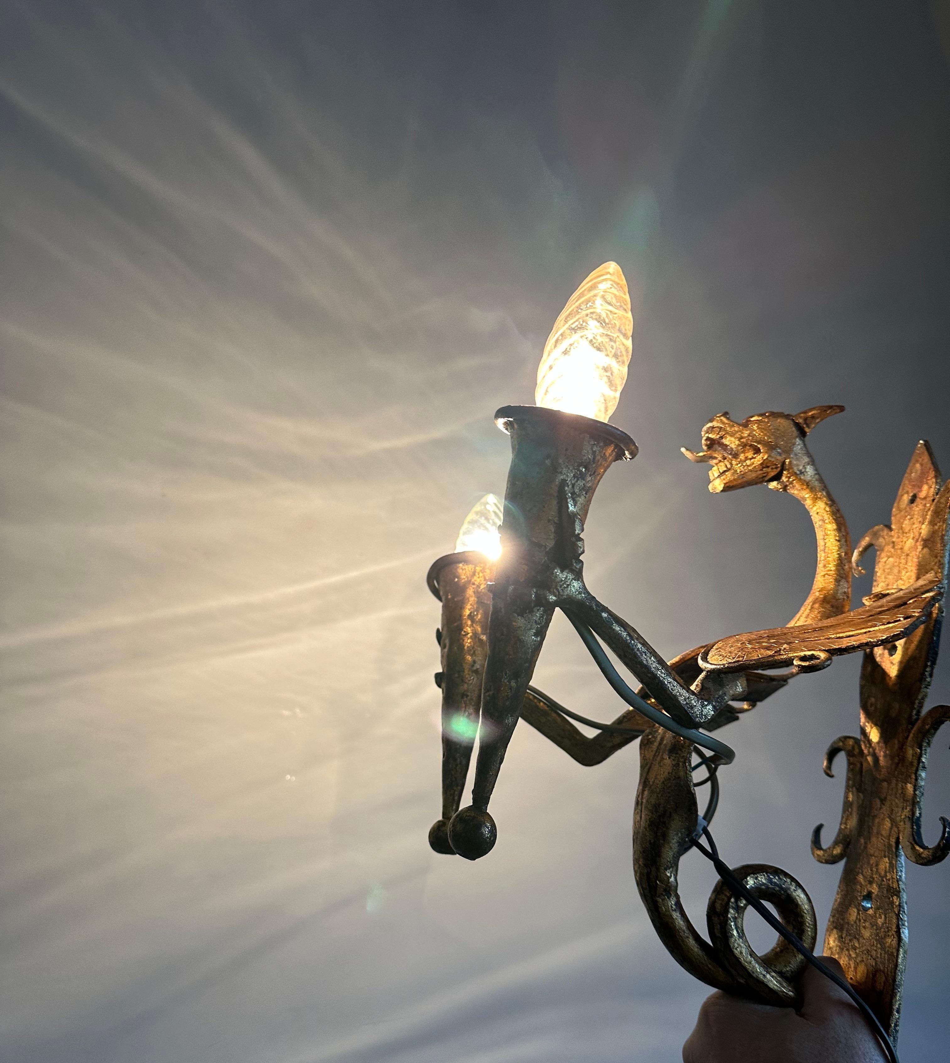 Amazing Pair of Gothic Revival Handforged Dragon Flying Sculptures Wall Sconces 6