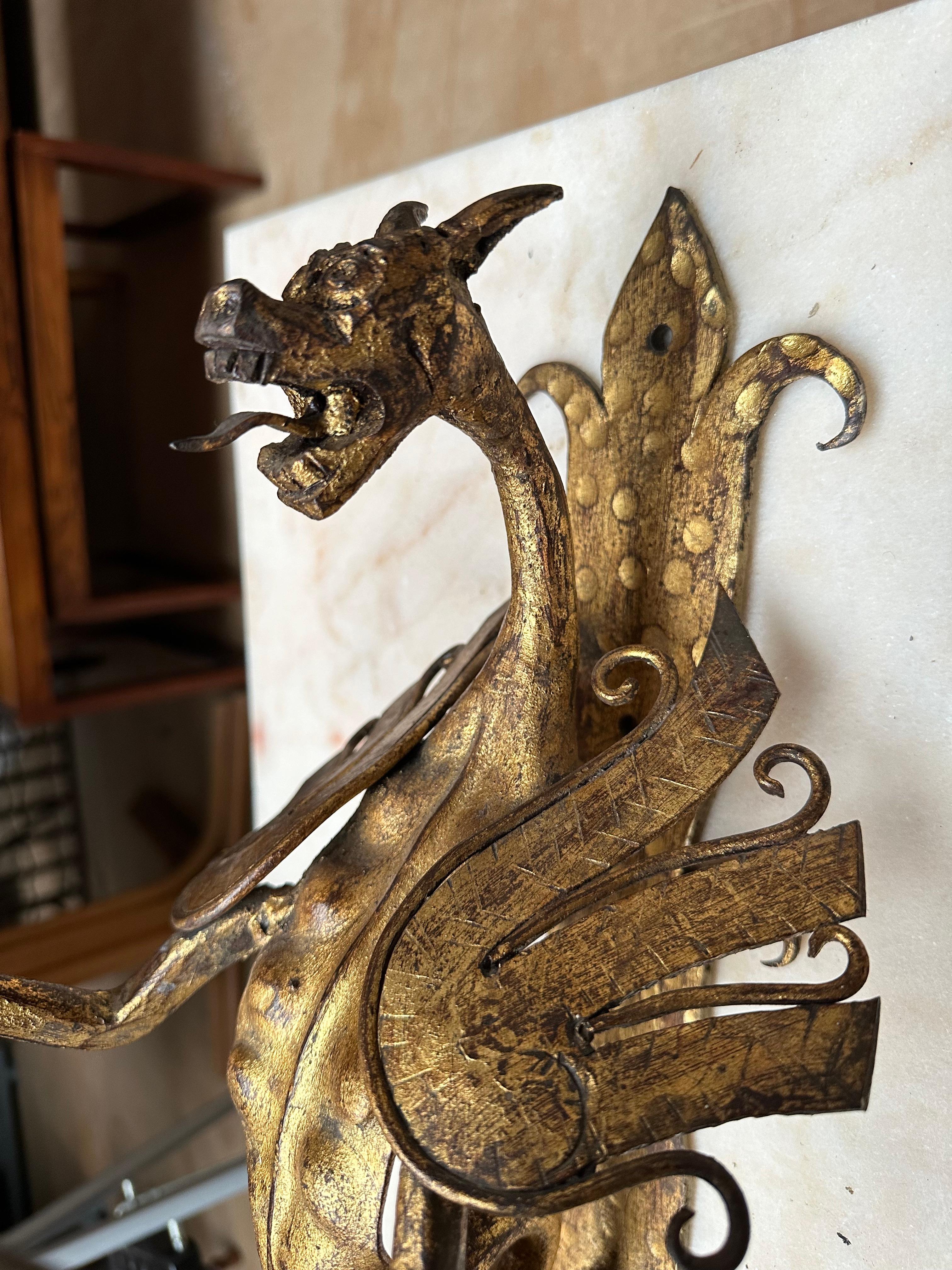 Amazing Pair of Gothic Revival Handforged Dragon Flying Sculptures Wall Sconces  For Sale 7
