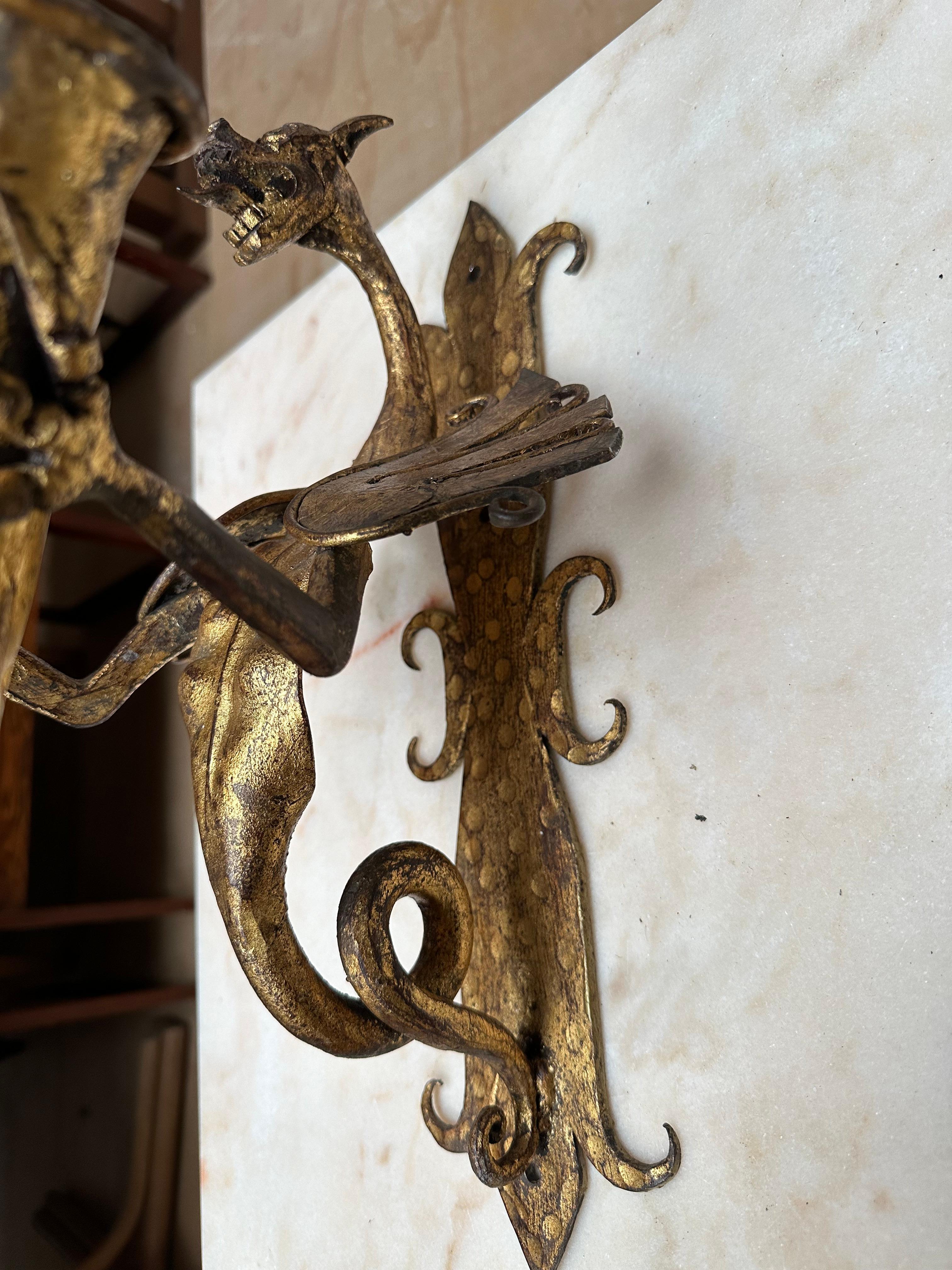 Amazing Pair of Gothic Revival Handforged Dragon Flying Sculptures Wall Sconces  For Sale 8
