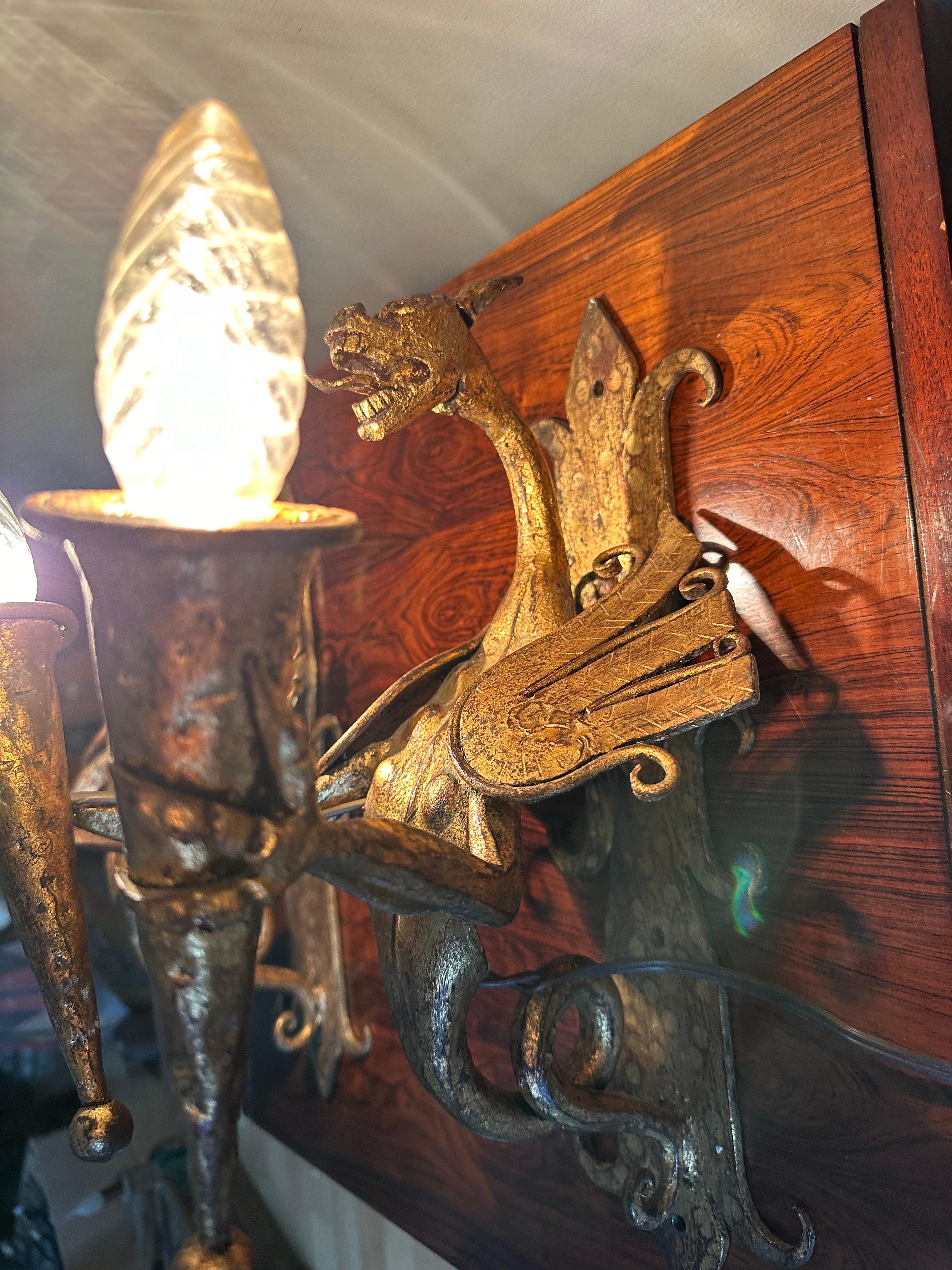 Amazing Pair of Gothic Revival Handforged Dragon Flying Sculptures Wall Sconces  For Sale 9