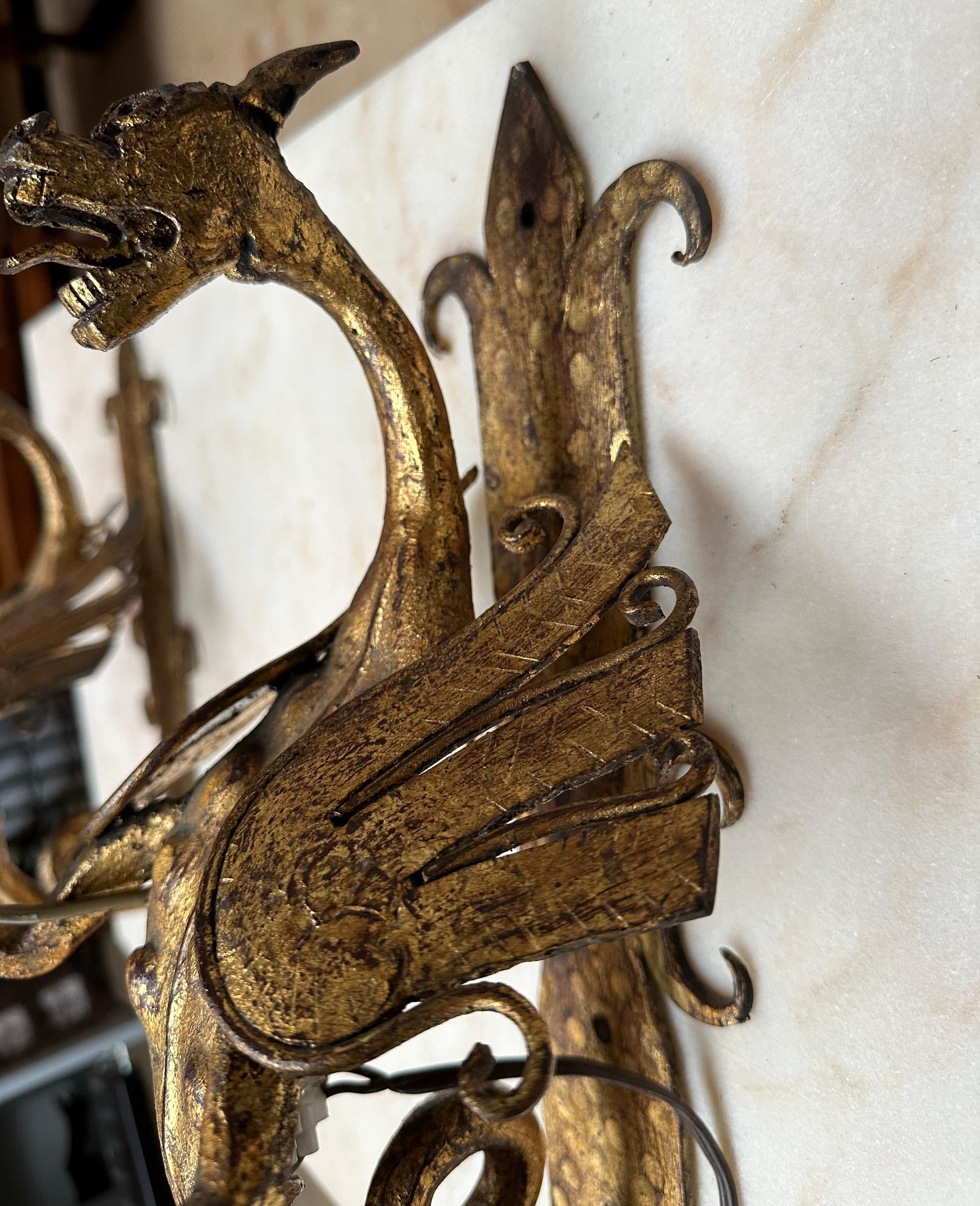 Amazing Pair of Gothic Revival Handforged Dragon Flying Sculptures Wall Sconces  For Sale 10