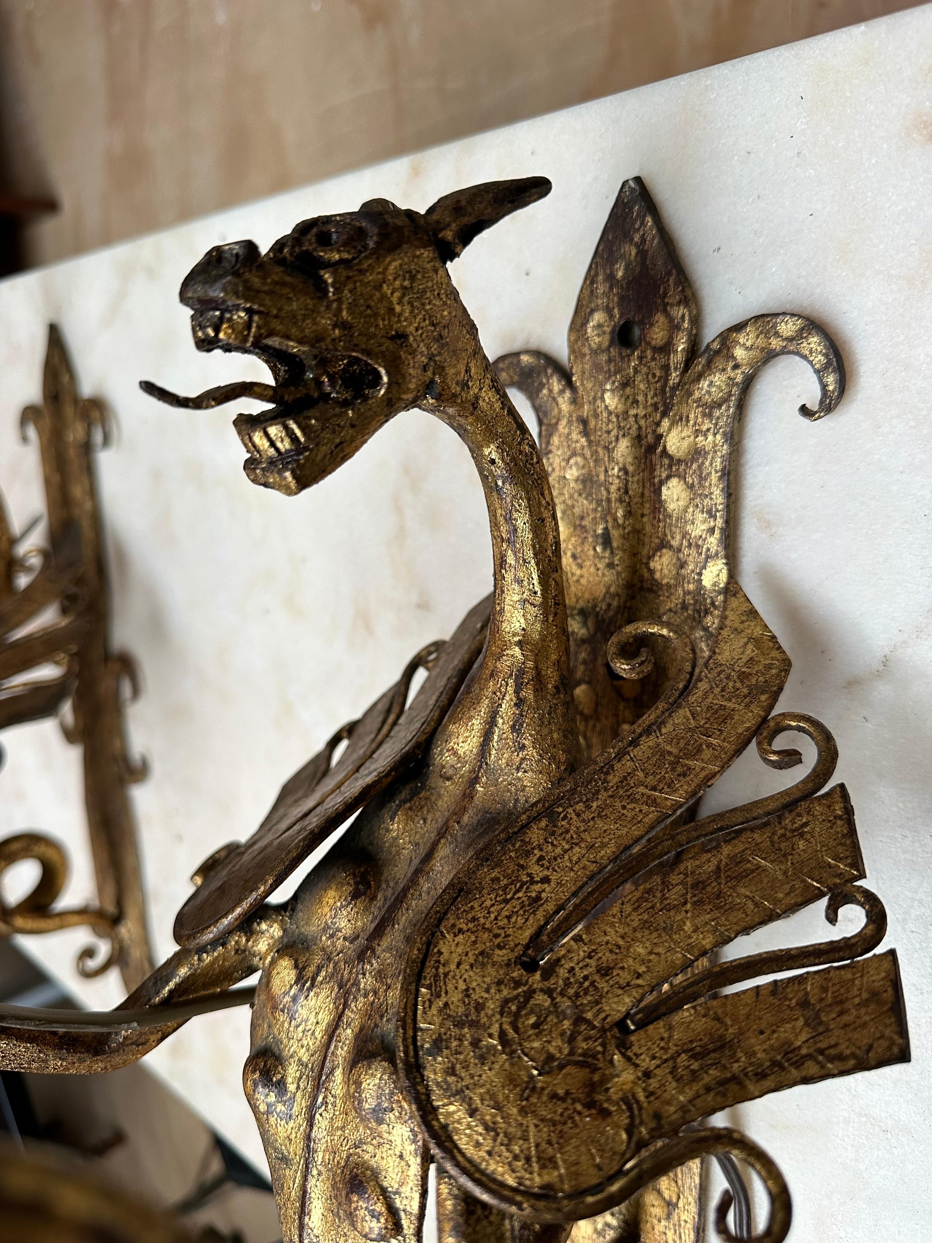 Amazing Pair of Gothic Revival Handforged Dragon Flying Sculptures Wall Sconces  For Sale 11