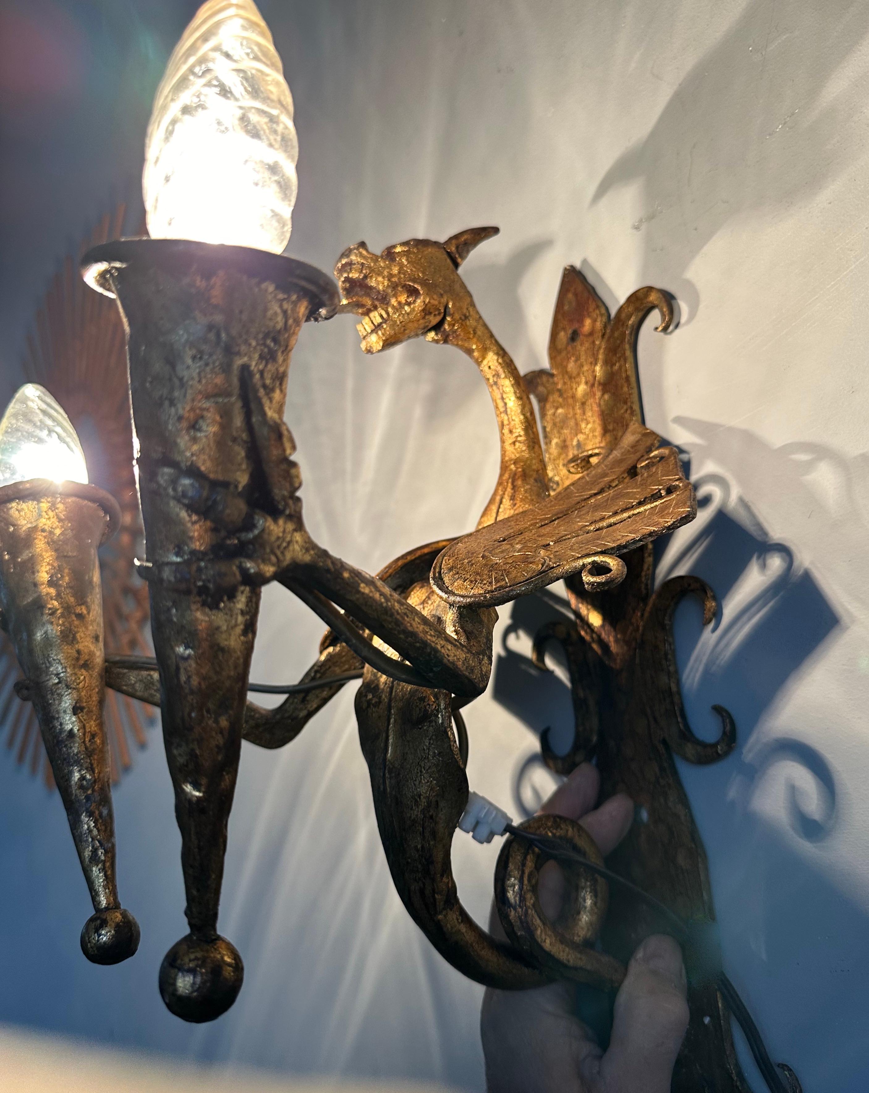 Amazing Pair of Gothic Revival Handforged Dragon Flying Sculptures Wall Sconces  For Sale 12