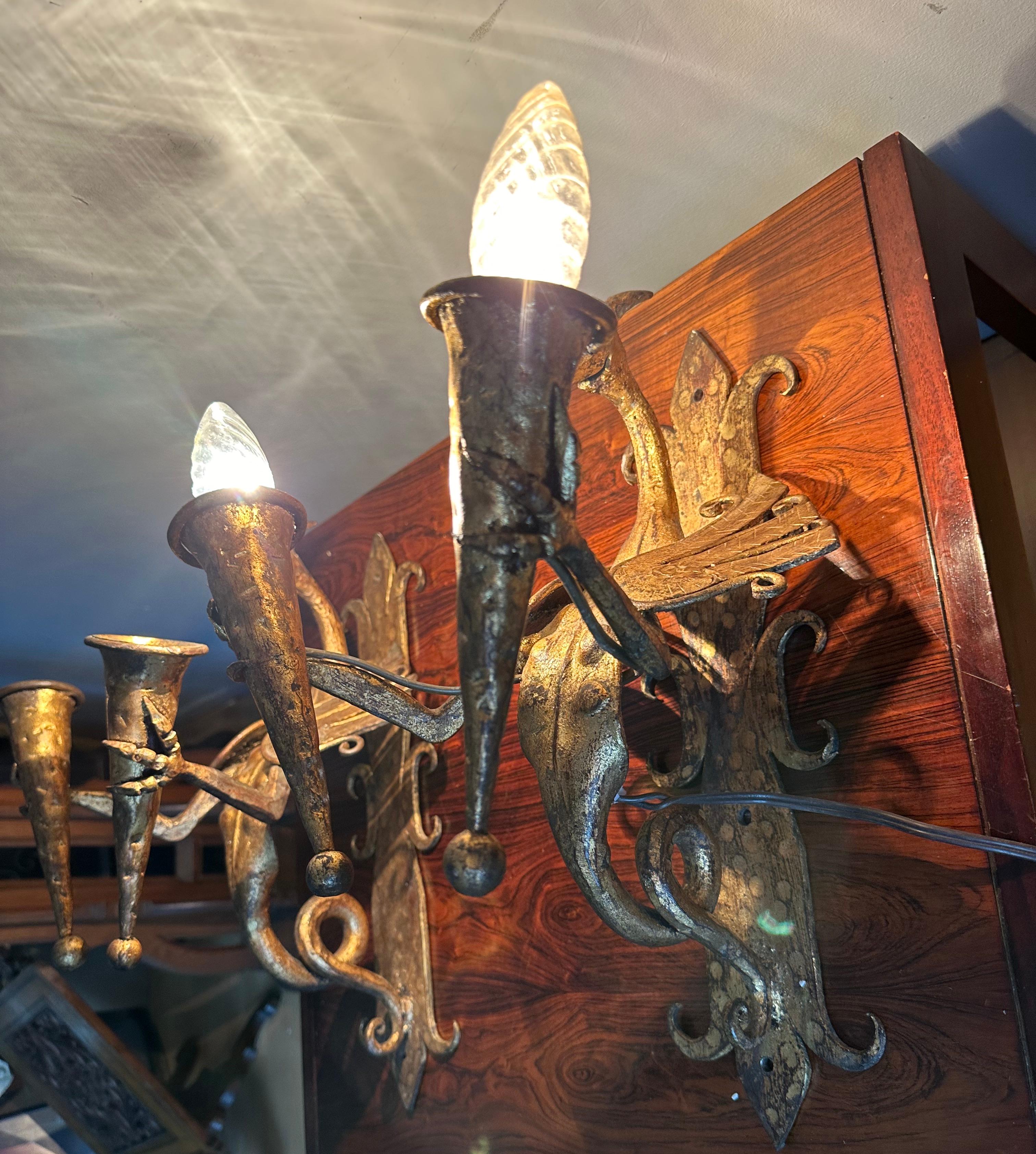 Amazing Pair of Gothic Revival Handforged Dragon Flying Sculptures Wall Sconces  For Sale 13