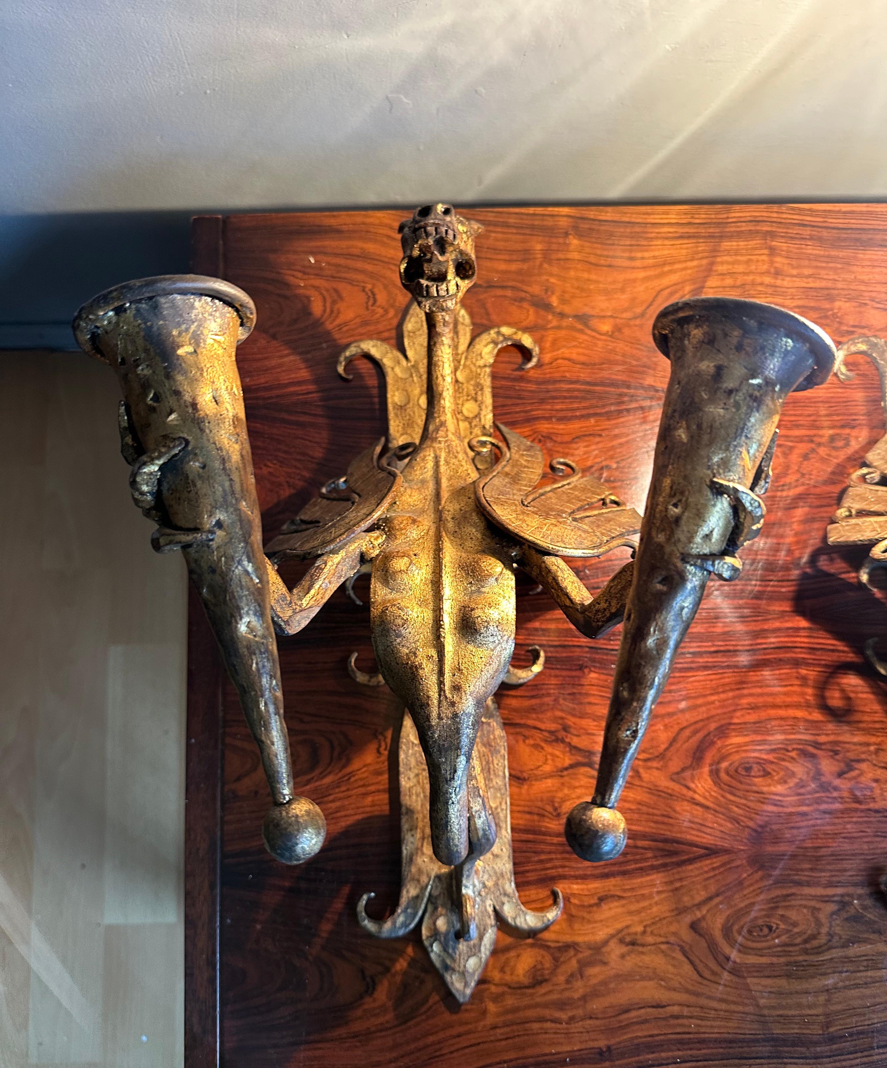 Gilt Amazing Pair of Gothic Revival Handforged Dragon Flying Sculptures Wall Sconces  For Sale