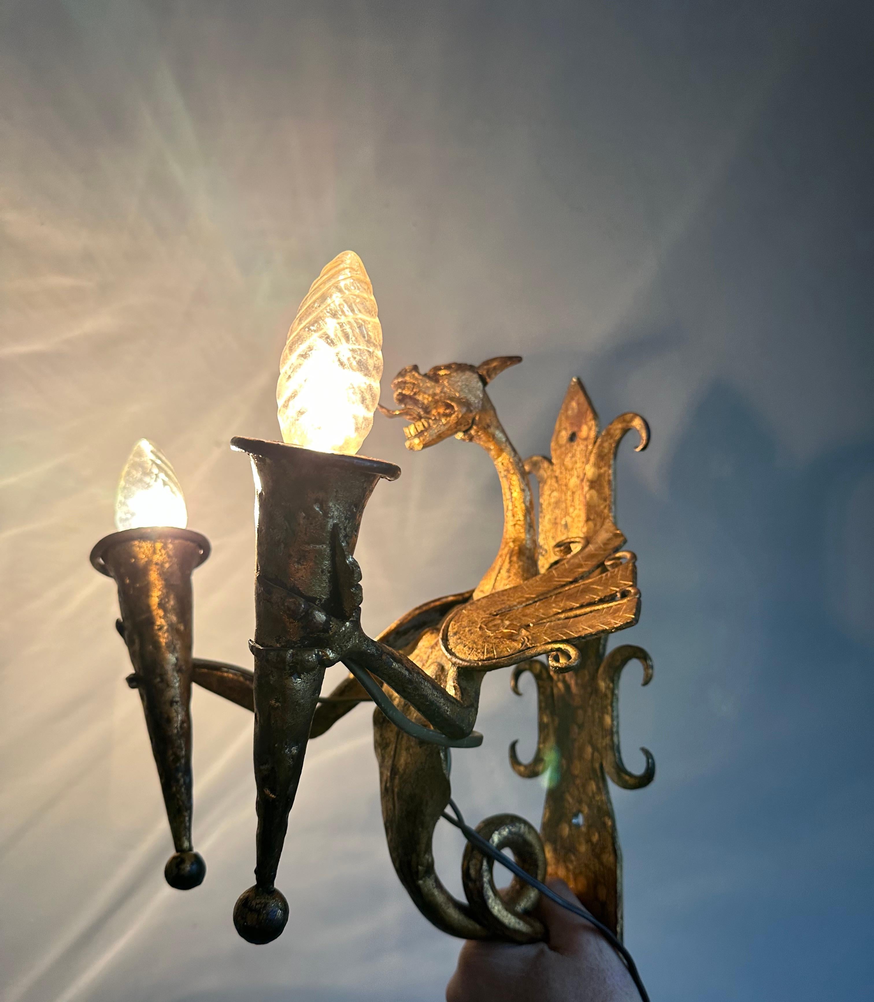 Wrought Iron Amazing Pair of Gothic Revival Handforged Dragon Flying Sculptures Wall Sconces  For Sale