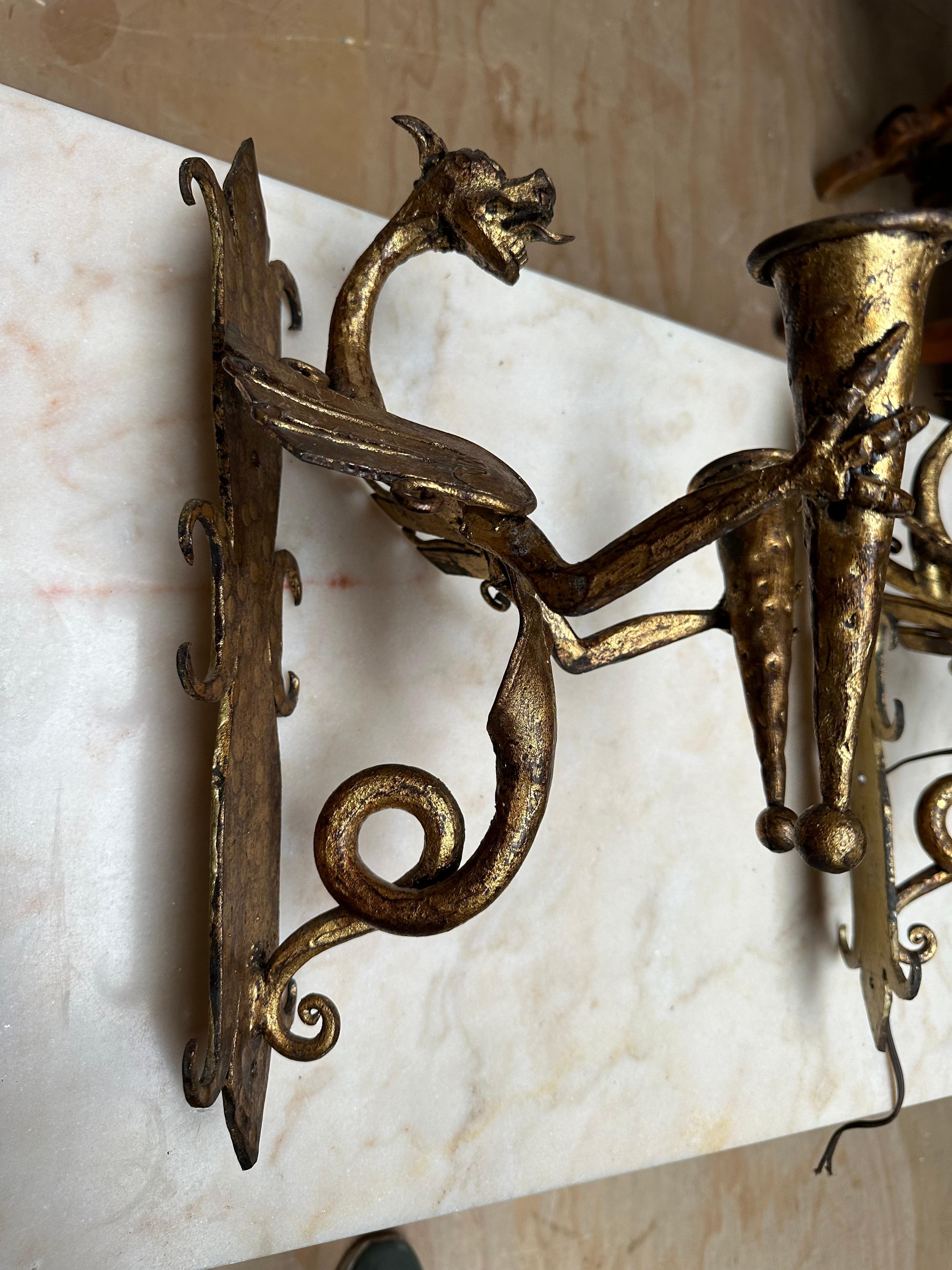 Amazing Pair of Gothic Revival Handforged Dragon Flying Sculptures Wall Sconces  For Sale 2