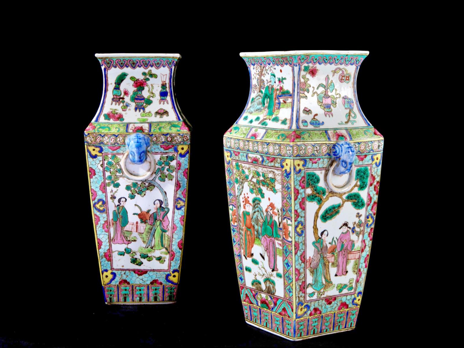 Pair of Green Family Porcelain Vases with polychrome decoration depicting 