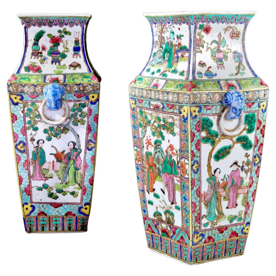 Amazing Pair of Green Family Porcelain Vases China, 19th Century